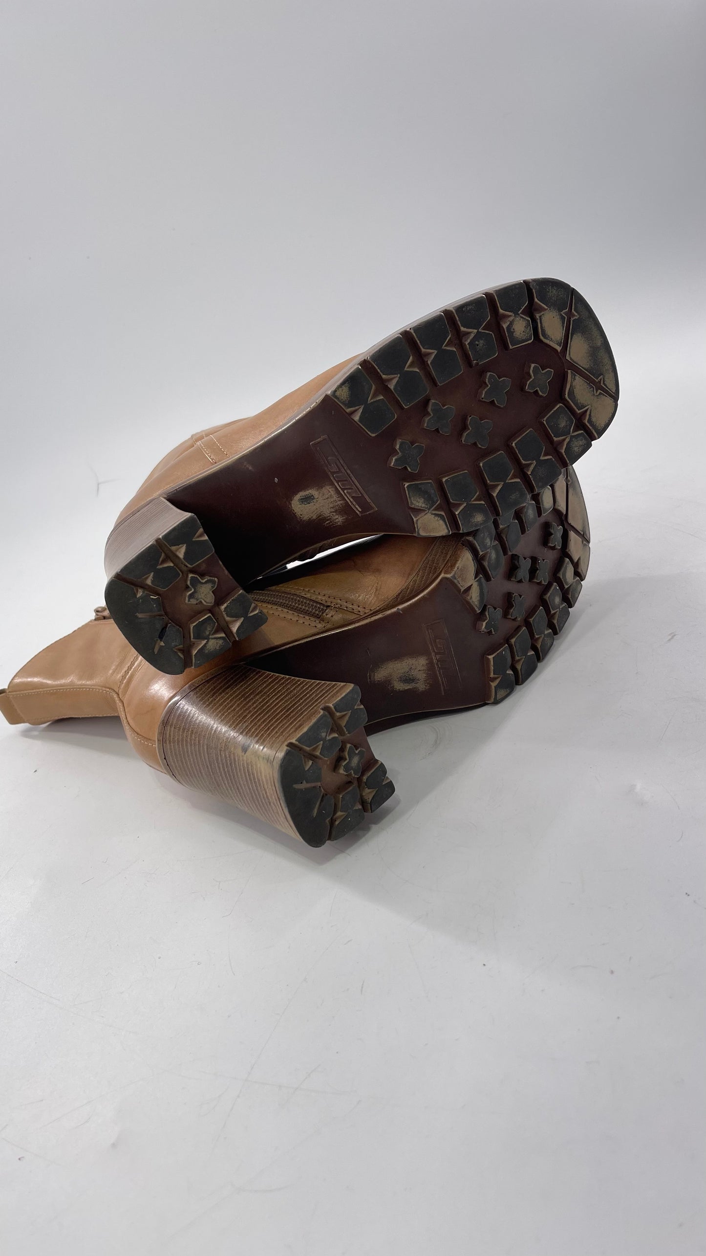 Vintage 90s Steve Madden Tan Leather Funky Square Toe Boot with Platform and Chunky Heel