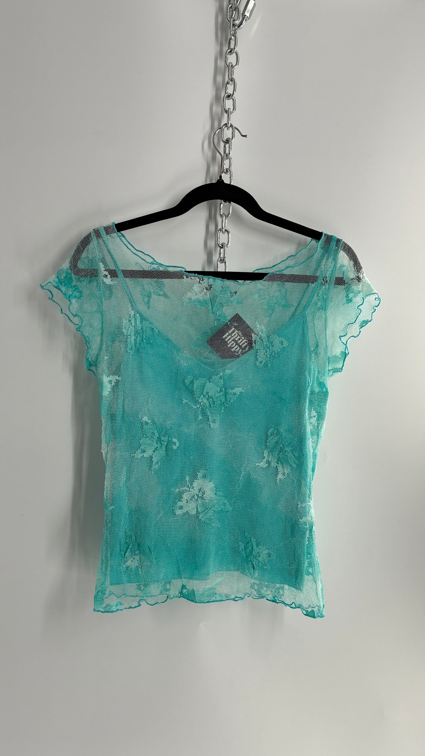 1990s VINTAGE Butterfly Baby Blue Mesh Blouse (Large)