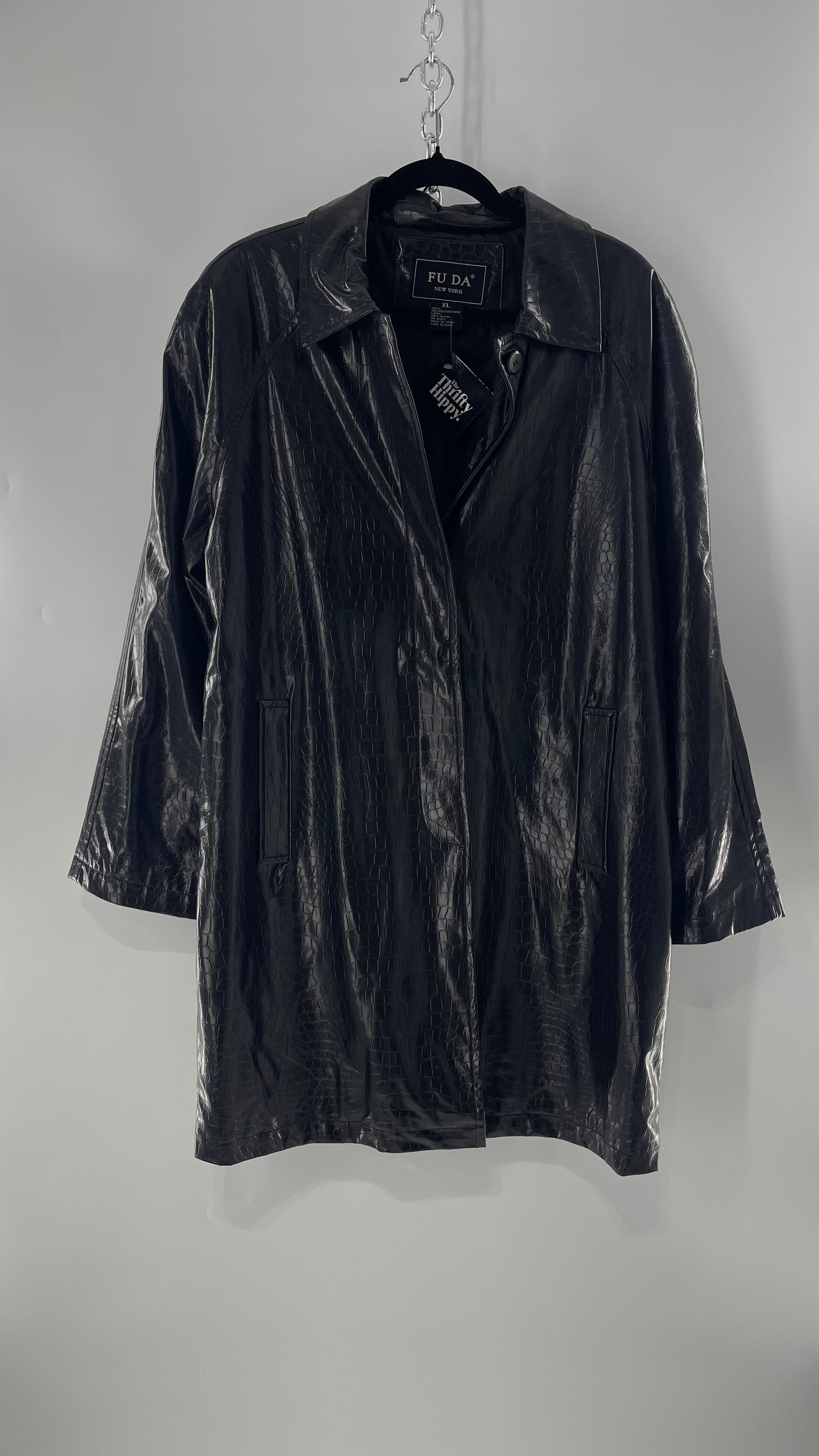 FU DA NEW YORK Black Crocodile Embossed Coat (C) (XL)