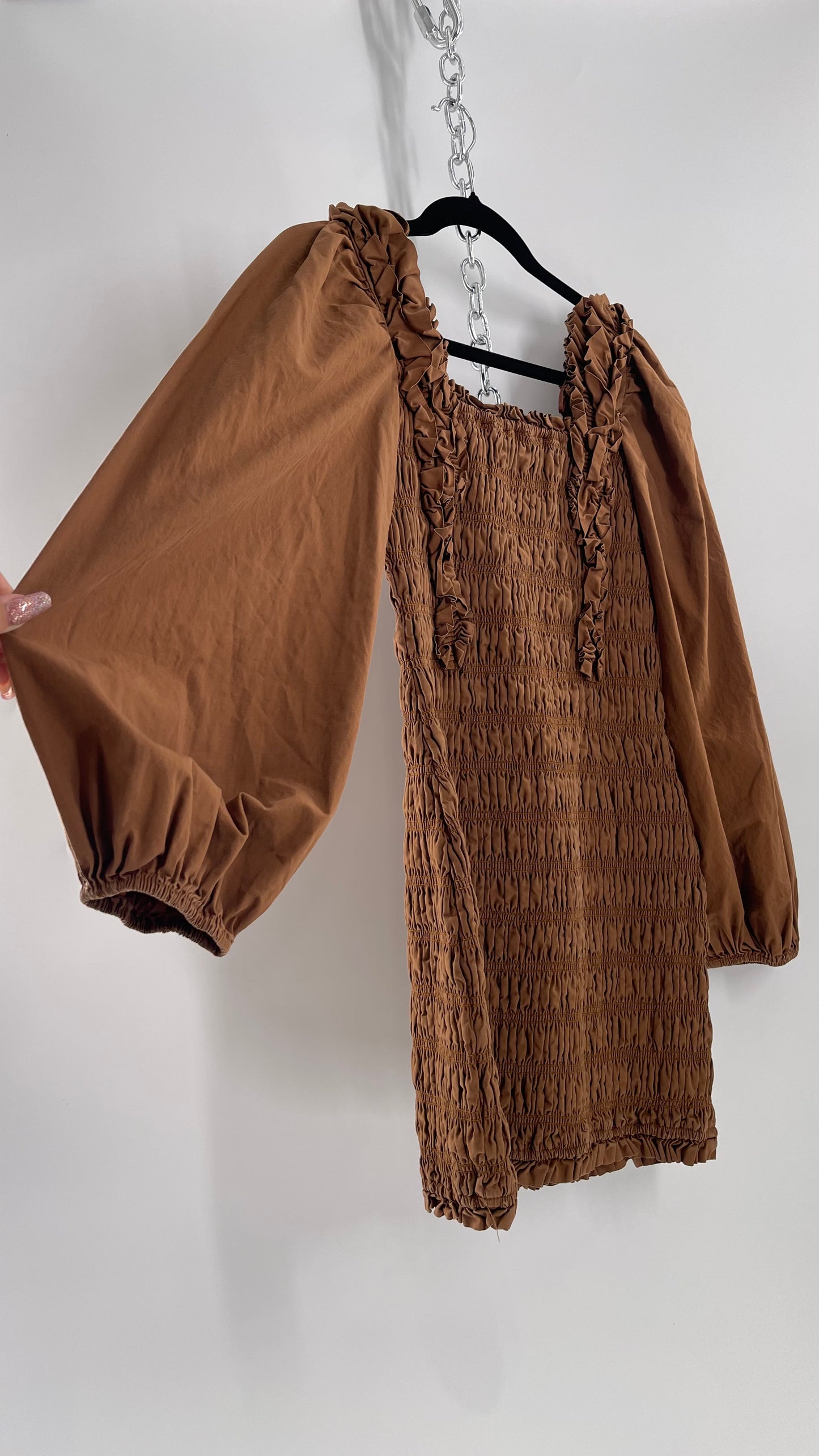 Endless Rose Anthropologie Brown Smocked Ruffle Front Puff Sleeve Mini Dress (Medium)