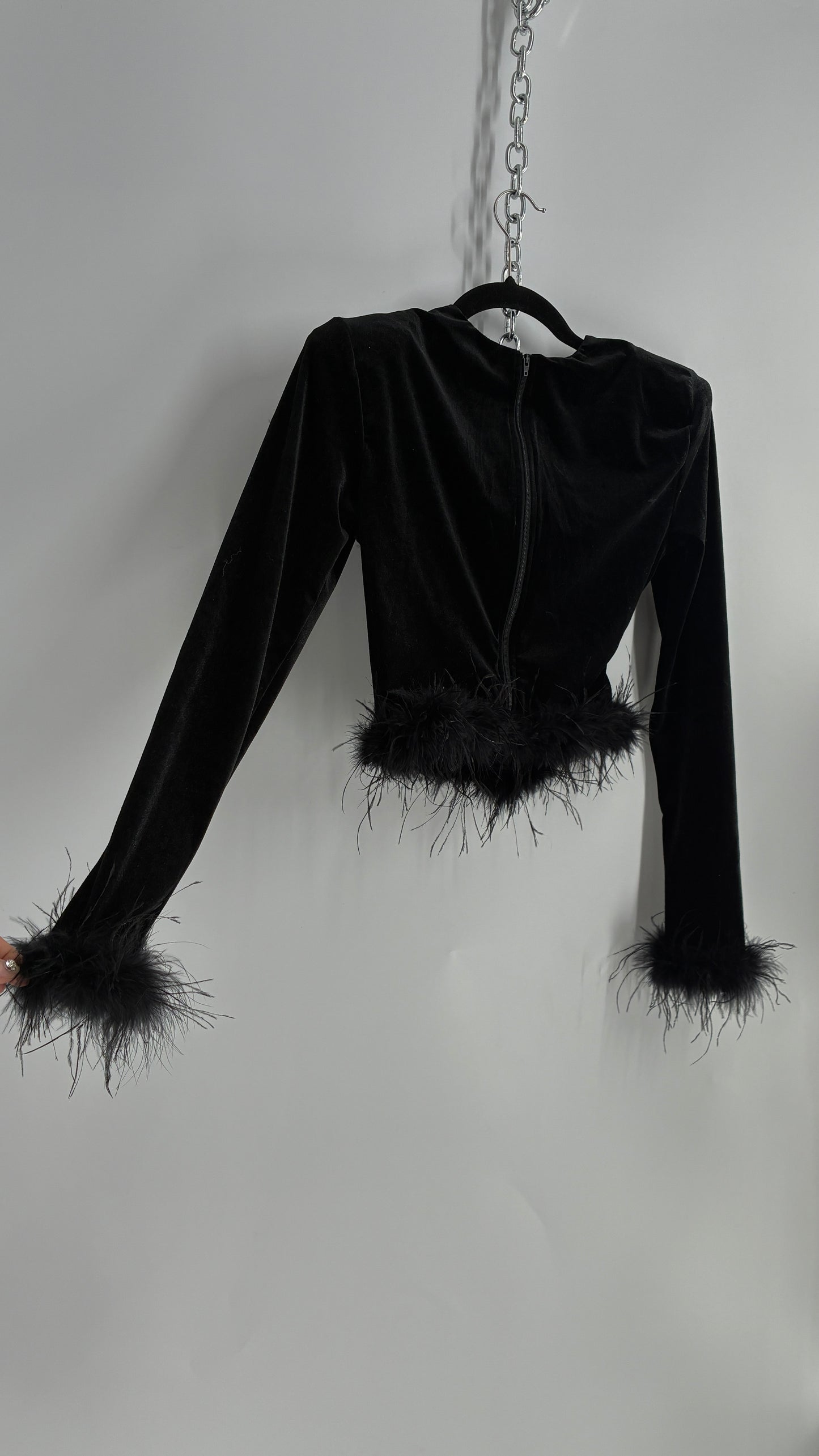 Vintage VICI Black Draped Long Sleeve with Ostrich Feather Hems and Cuff (XS)