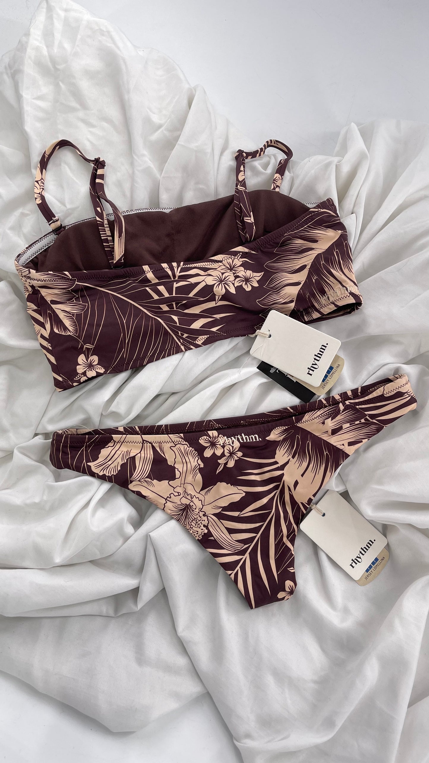 RHYTHM Brown and Beige Tropical Palm Patterned Swim Set with Tags Attached (Medium)