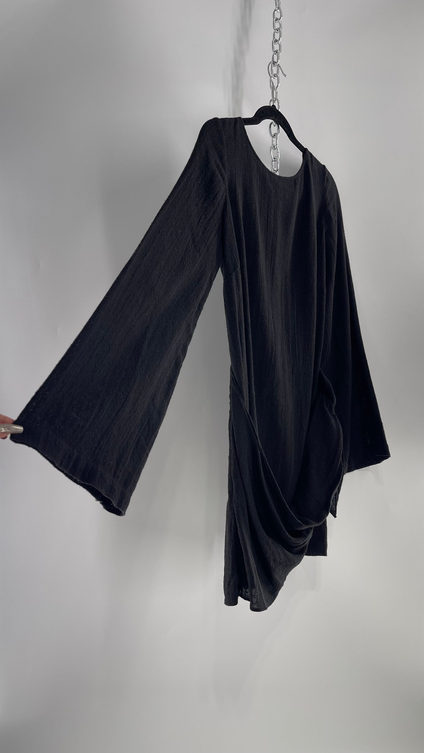 Free People Black Bell Sleeve 100% Cotton/Modal Mini Dress with Tie Front (M)