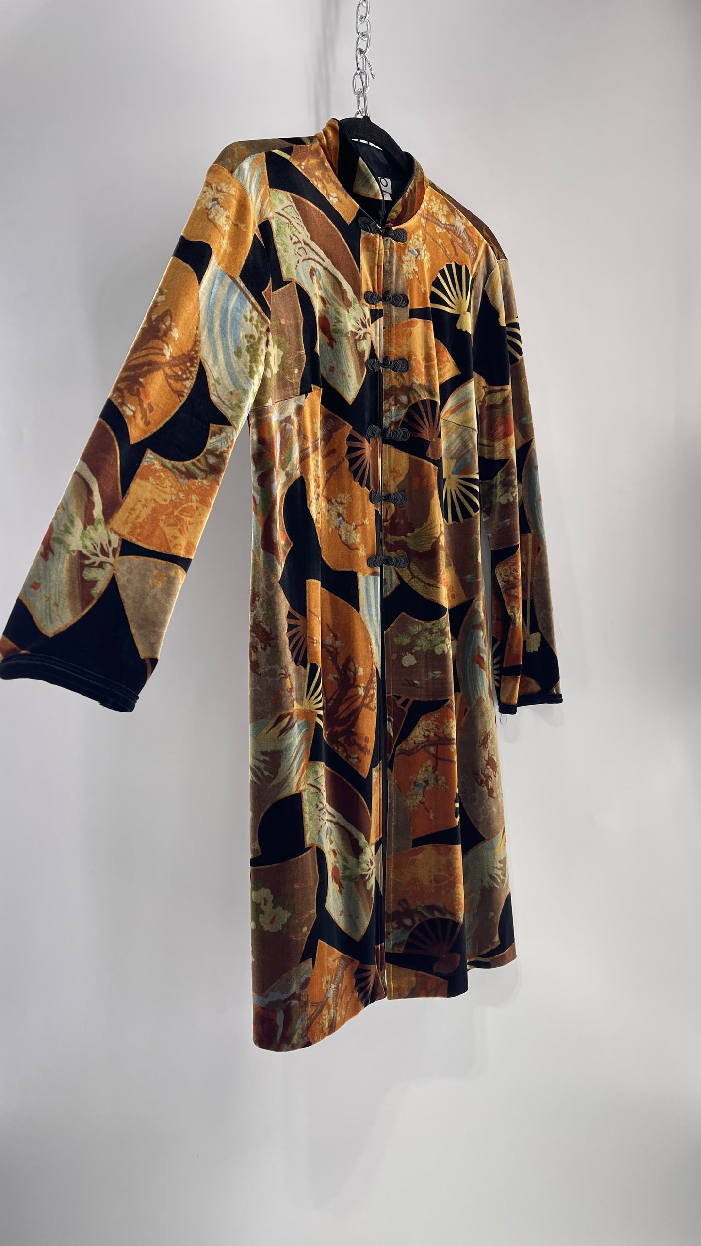 Vintage CLIO 1990s Black Velvet/Velour Fan Patterned Duster Coat (Medium)
