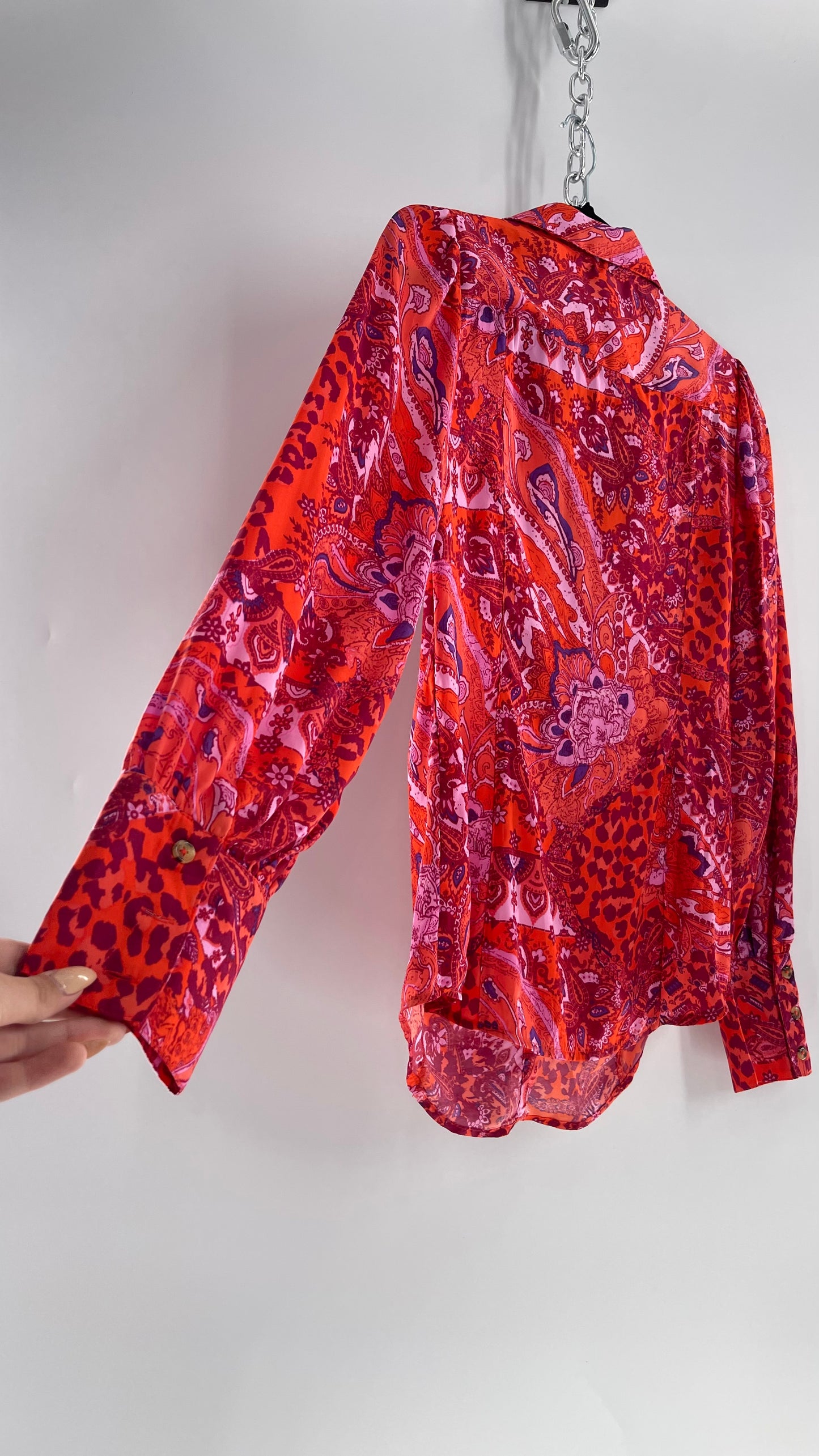Free People Red, Neon Orange Leopard Paisley Patterned Button Front(Medium)