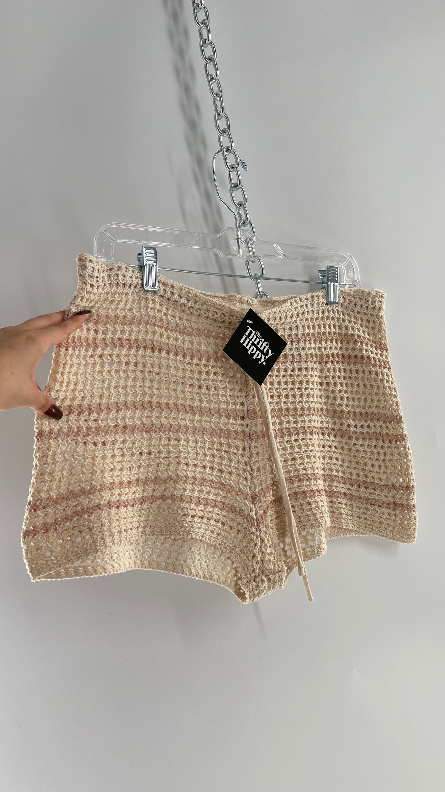Free People Beach Beige Knit Crochet Cover Up Shorts (Medium)