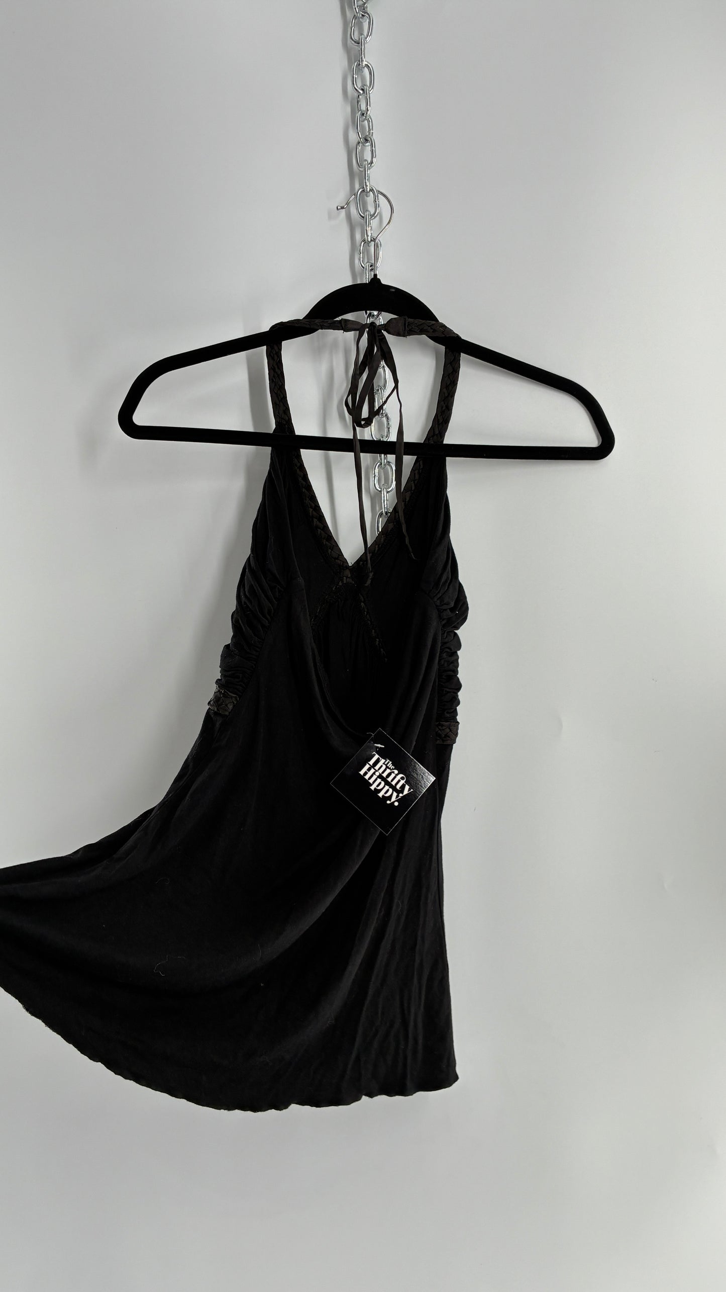 Vintage 1990s Dating Clothing Black Halter with Braided Detail (Small)
