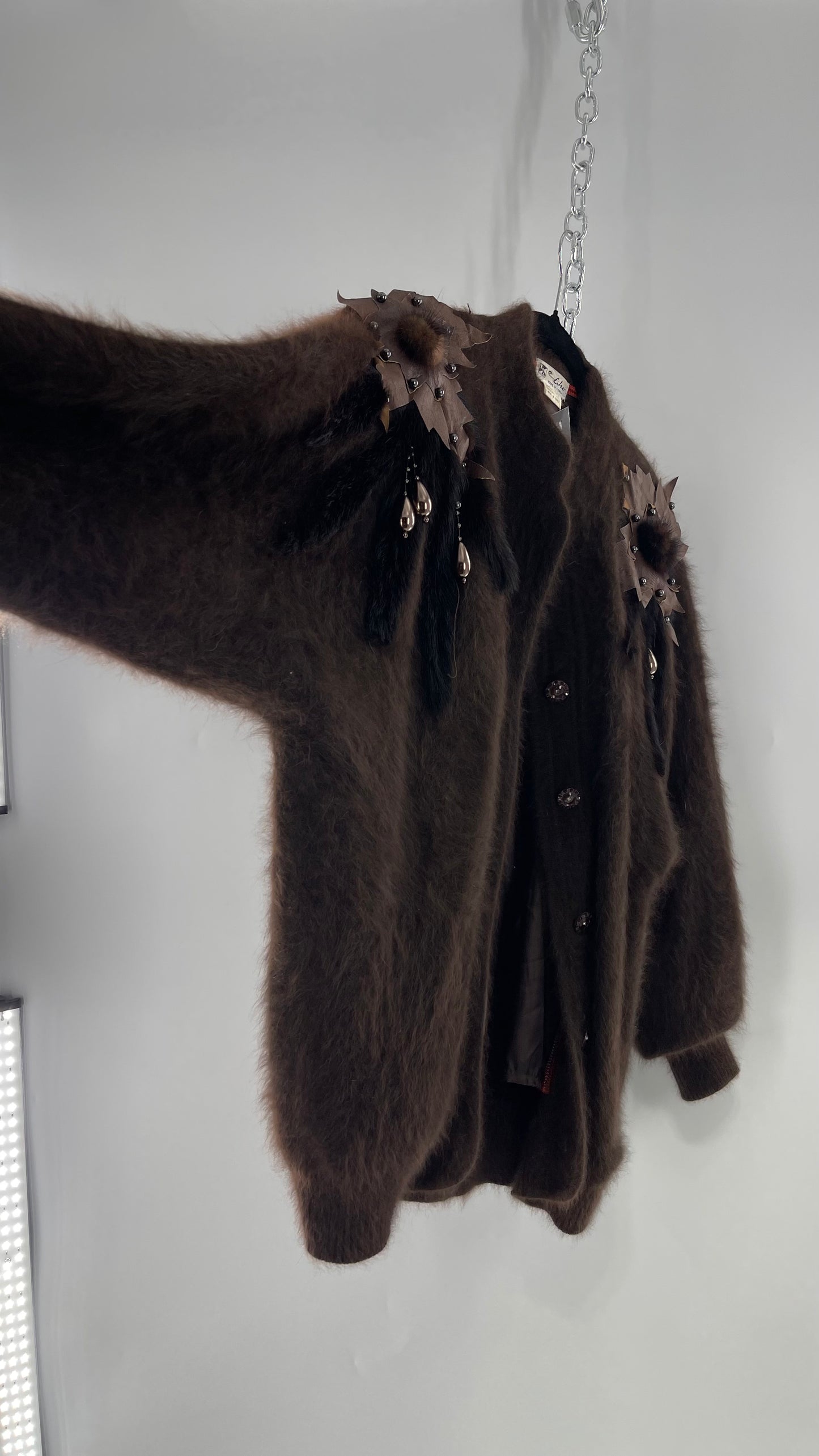 Liho Korean Vintage Brown Cardigan with Leather, Fur and Beaded Detailing 15% Wool 75% Angora  (C)(Medium)