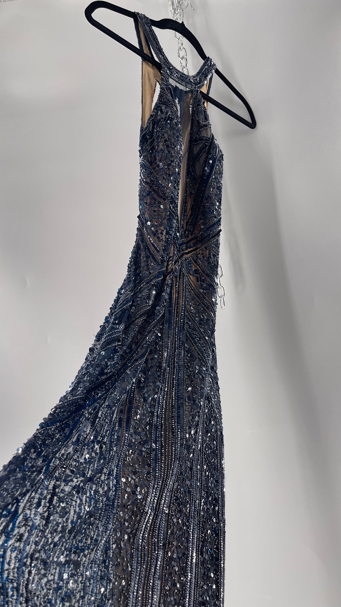 Vintage SCALA Navy Blue Beaded Floor Length Gown with Plunging Neckline, Backless Detail, and Tan Underlay (C)(4)