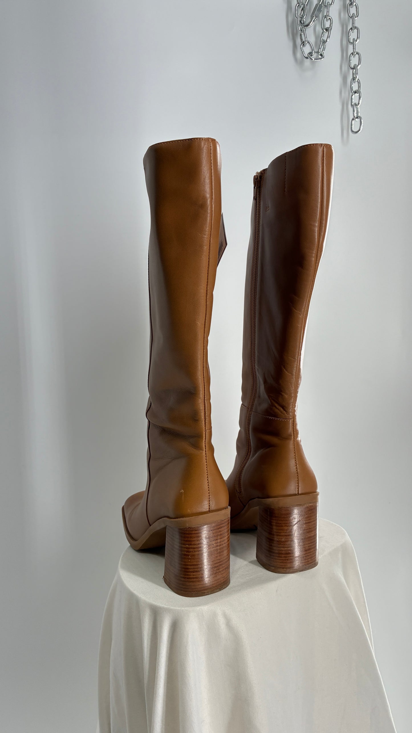 Vintage Strive Genuine Leather Square Toe Knee High Boots with Chunky Block Heel Made in Uruguay (9.5)