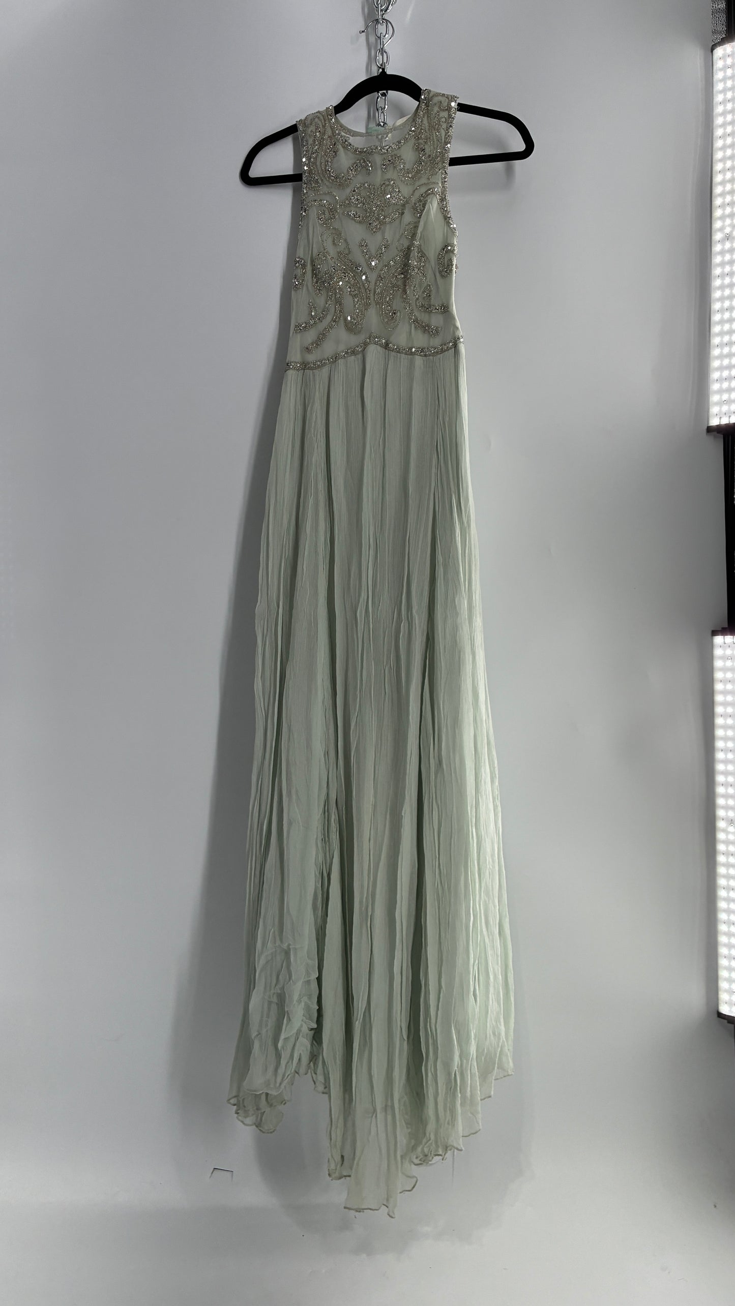 KIMCHI BLUE Light Greyish Seafoam Green Crimped Gown with Beaded Bodice and Sheer Back (2)