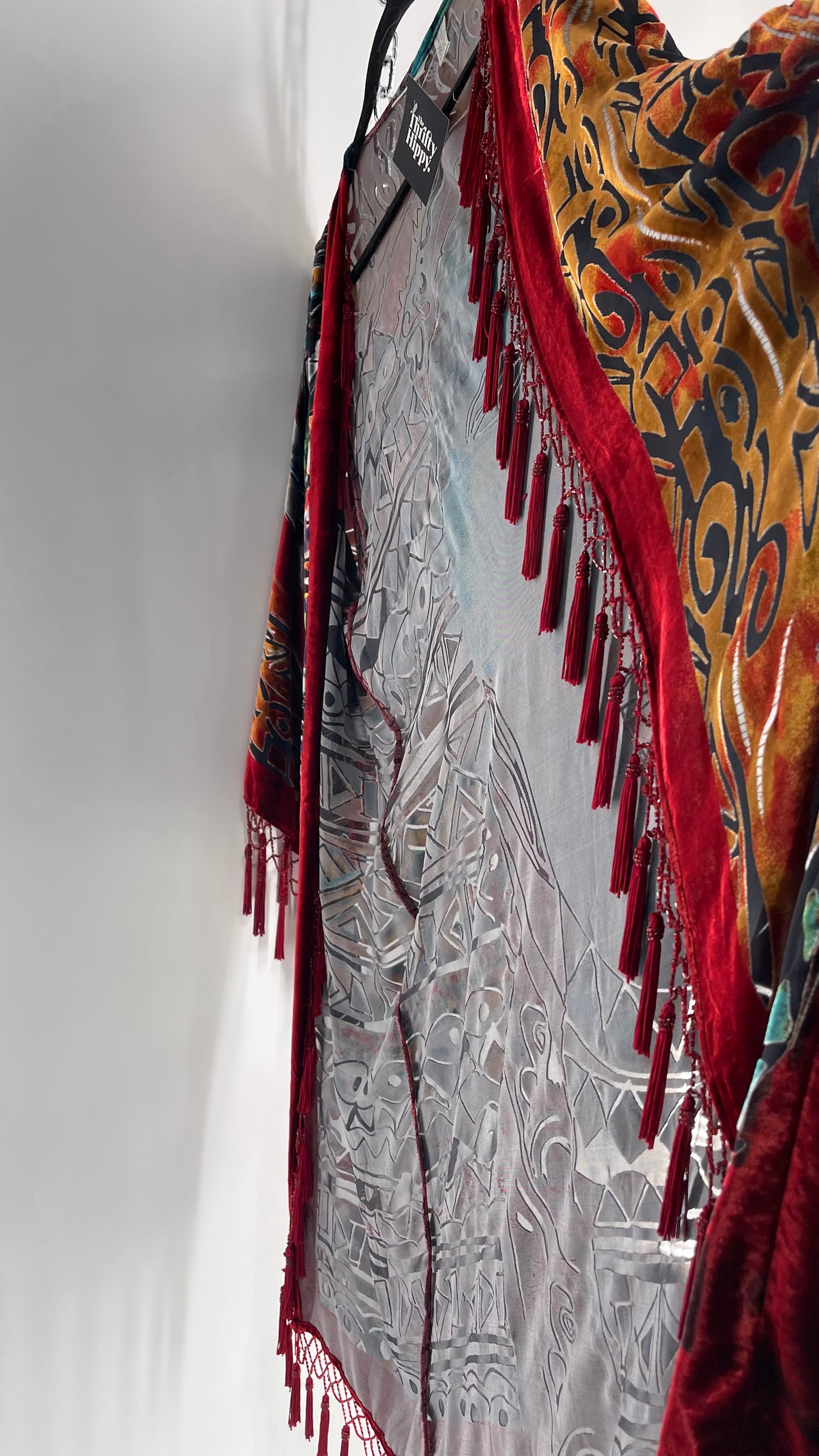 Vintage Burnout Buddhist Motif Velvet/Velour Beaded Fringe Duster Coat/Kimono with Tassel Sleeves and Hems (M/L)
