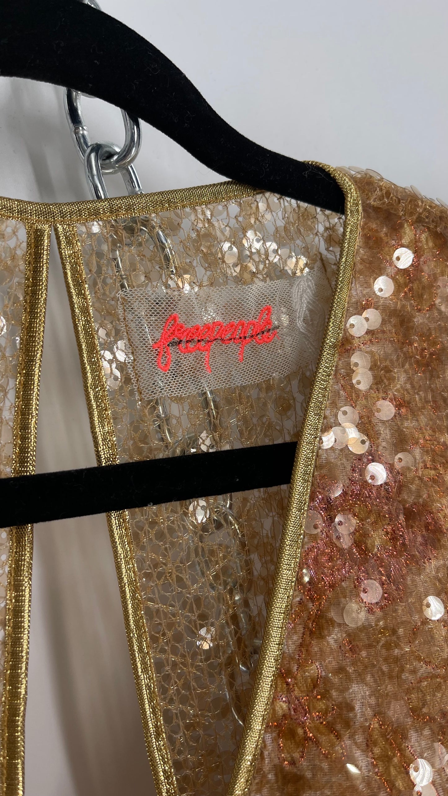 Free People Tapestry Underlay and Gold Sequin Overlay A-Line Mini Dress with Bubble Sleeves
(2)