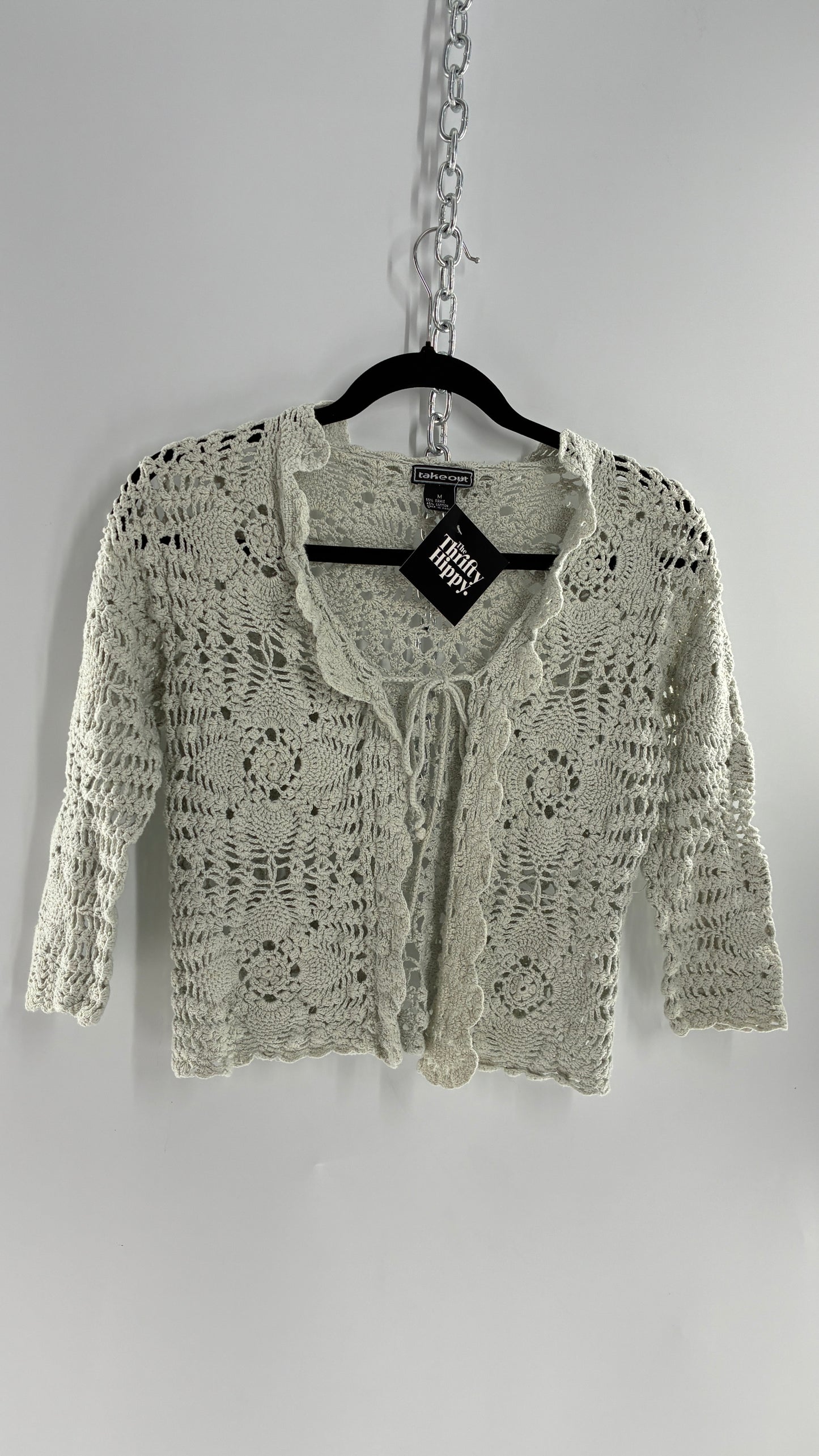 Vintage TAKEOUT Grey Crochet Knit Tie Bust Cardigan Top (Medium)