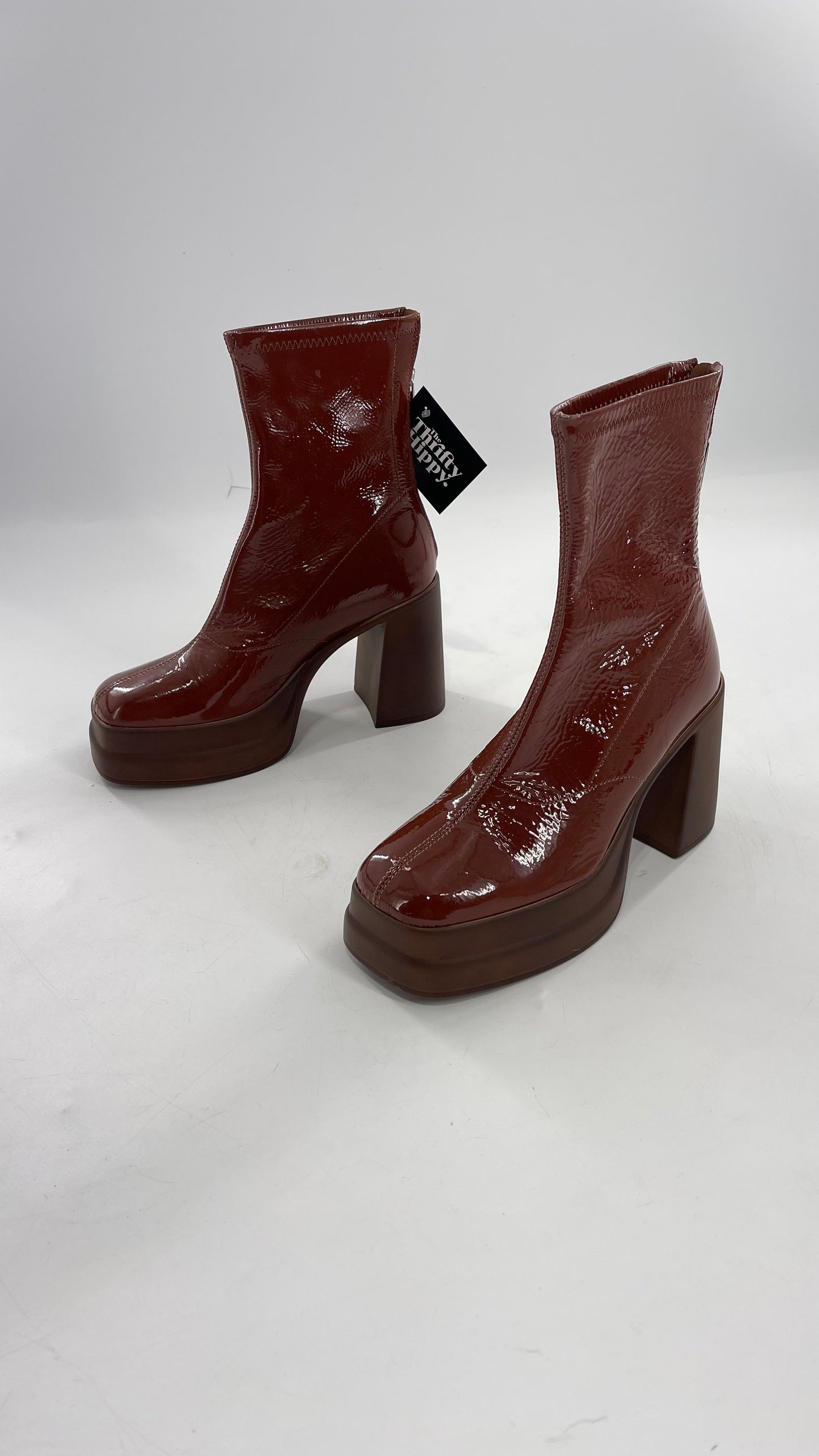 Free People Double StackedGlossy Patent Chestnut Brown Platform Boots with Chunky Heels (37.5)