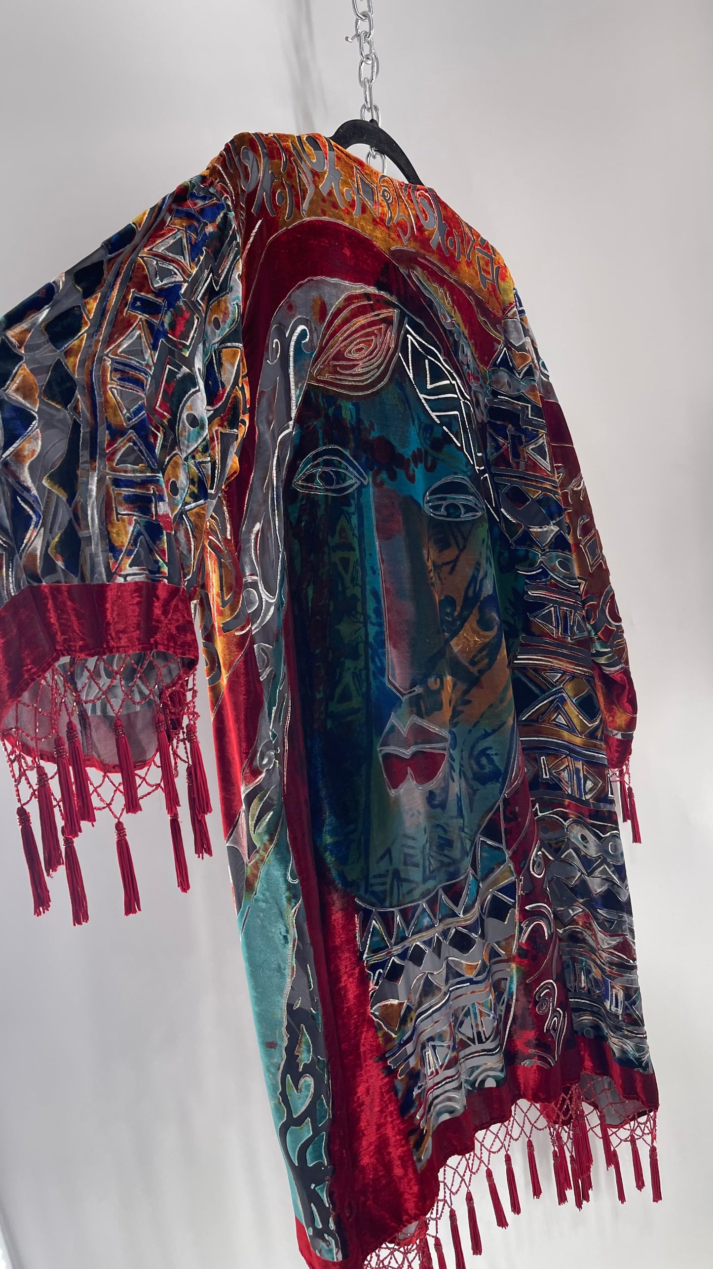 Vintage Burnout Buddhist Motif Velvet/Velour Beaded Fringe Duster Coat/Kimono with Tassel Sleeves and Hems (M/L)