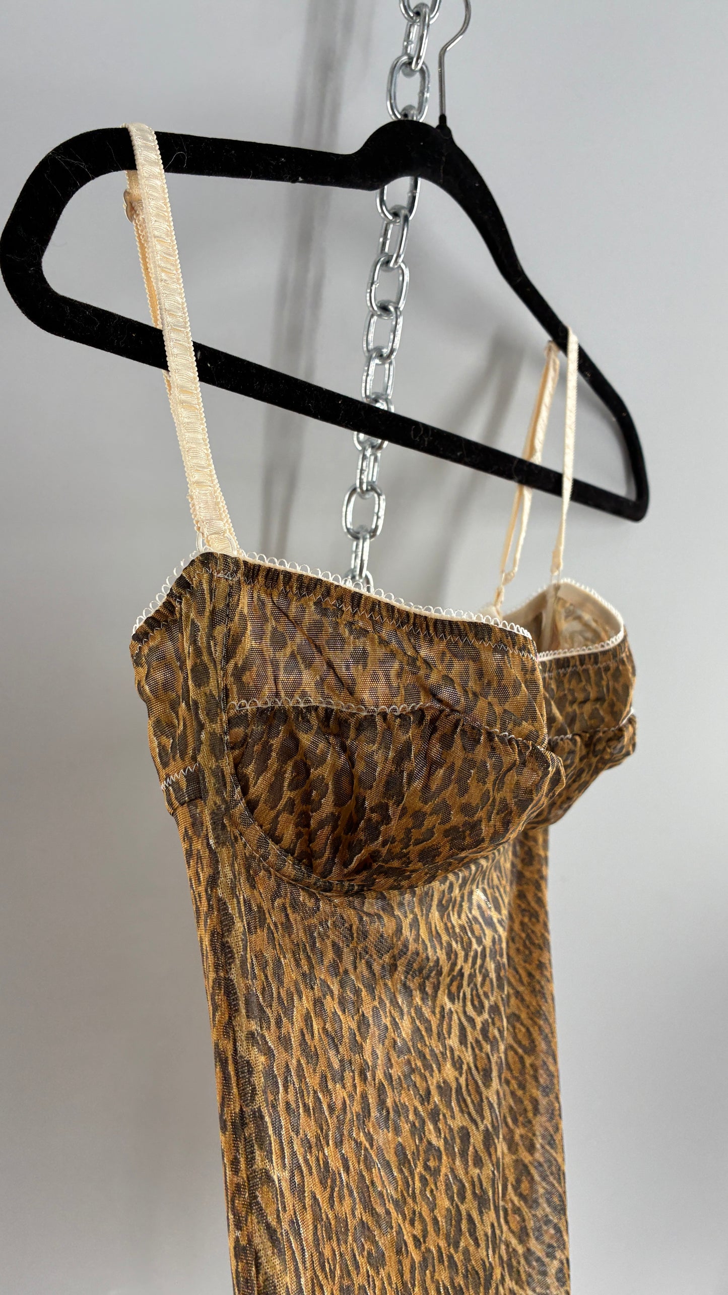 Vintage 1990s Dolce & Gabanna Cheetah Mesh Babydoll Camisole with Underwire Ruched Bust, Rosette and Branded Appliqué Tag (Large)