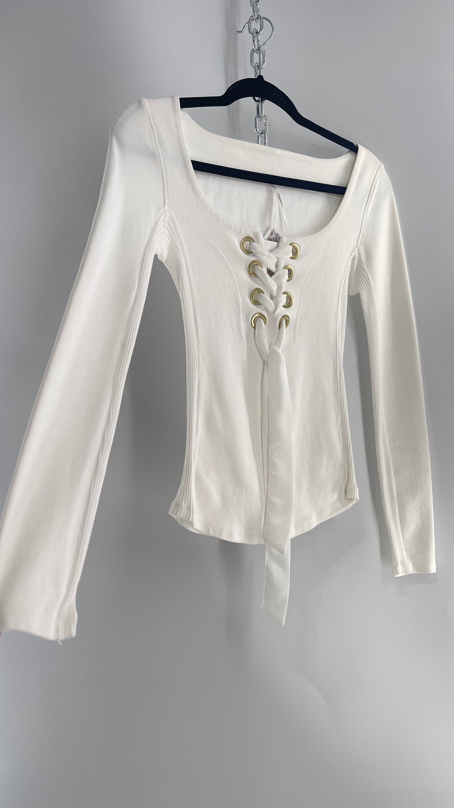 Free People White Lace Up Long Sleeve with Gold Grommets (XS)