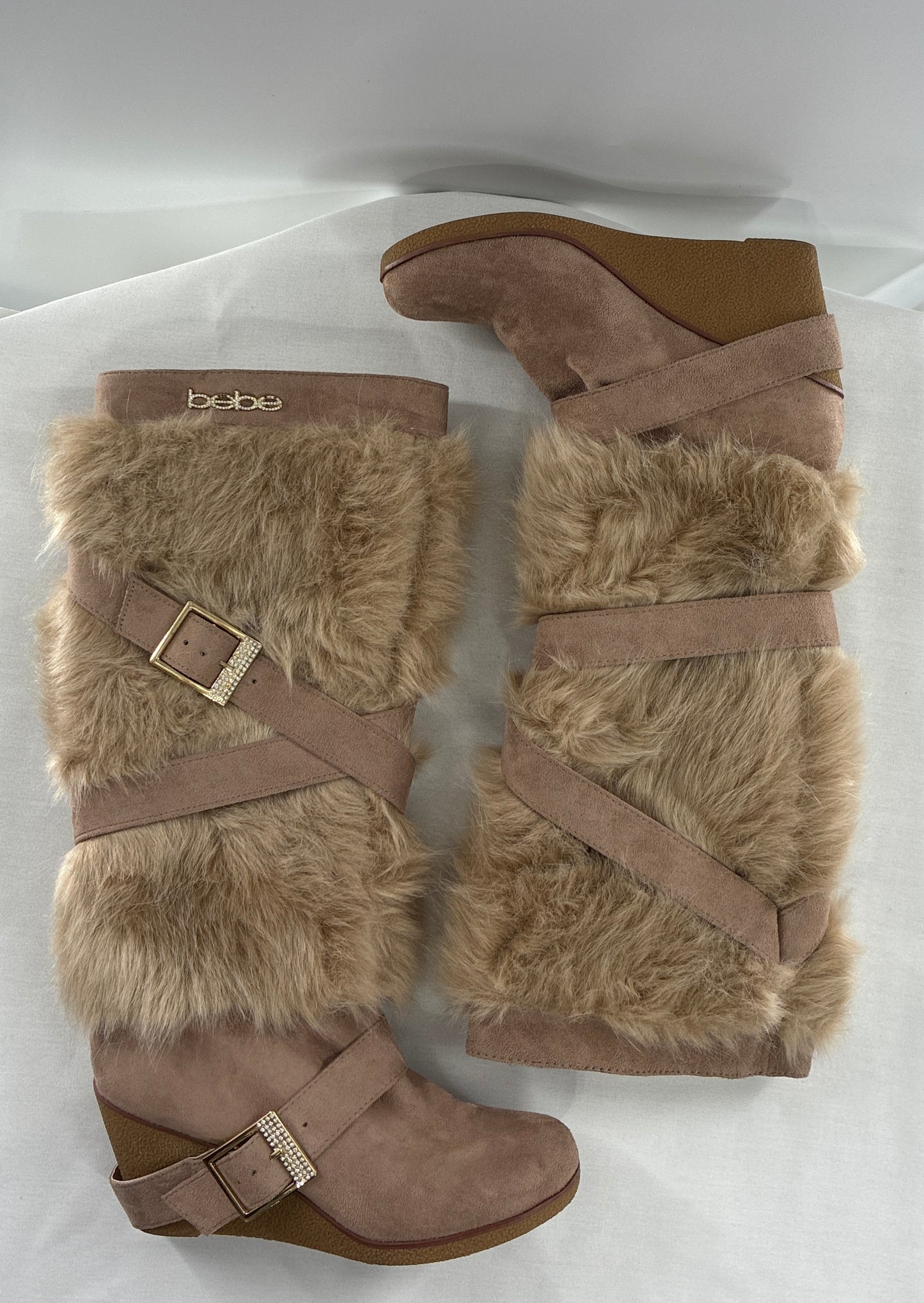 Vintage BEBE Wedge Heel Knee High Vegan Fur, Strappy Boots (6)