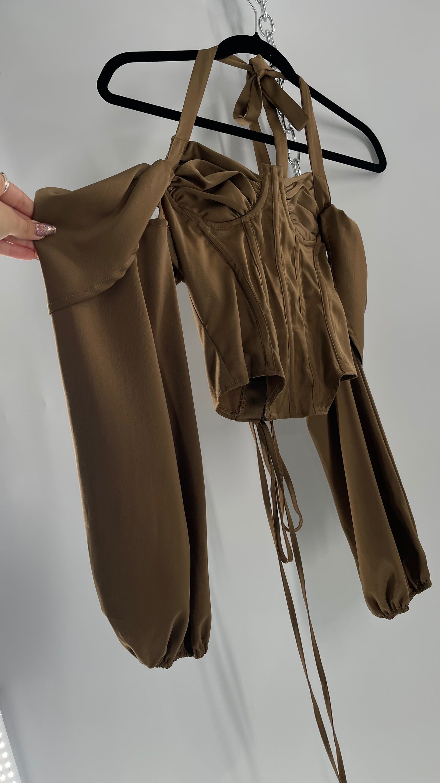 Pretty Little Thing Tan/Gold Corset Blouse with Draped Shoulders, Balloon Sleeves, Halter Strap and Lace Up Back (4)