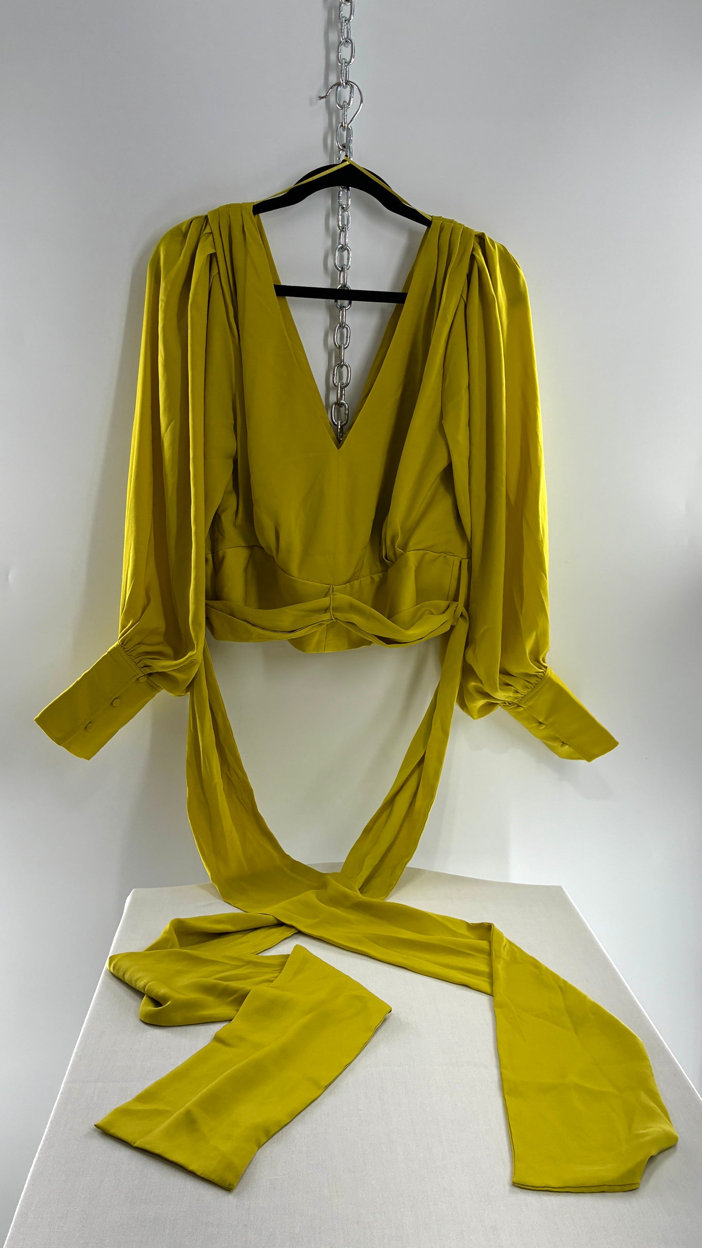 BANANA REPUBLIC Balloon Sleeve Chartreuse Green Wrap Around Blouse (10)