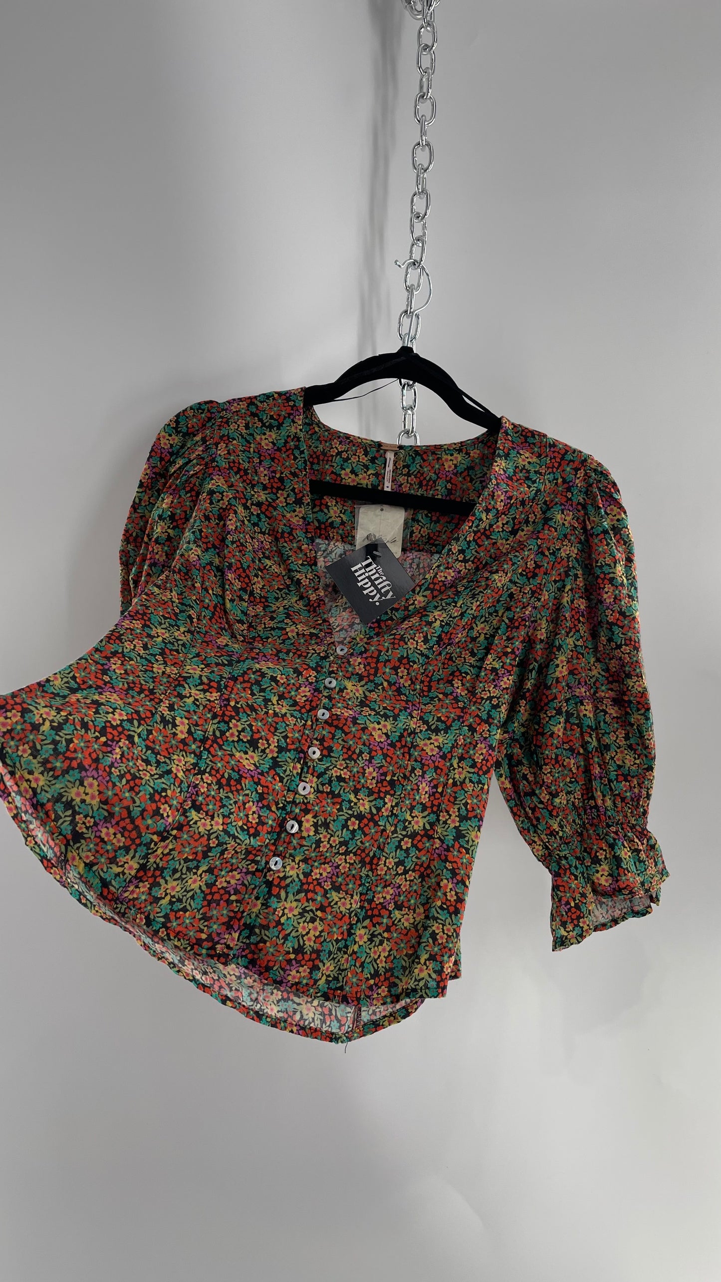 Free People 100% Cotton Colorful Florals Blouse with Deep V, Puff Sleeves, Button Front, and Tags Attached (Small)