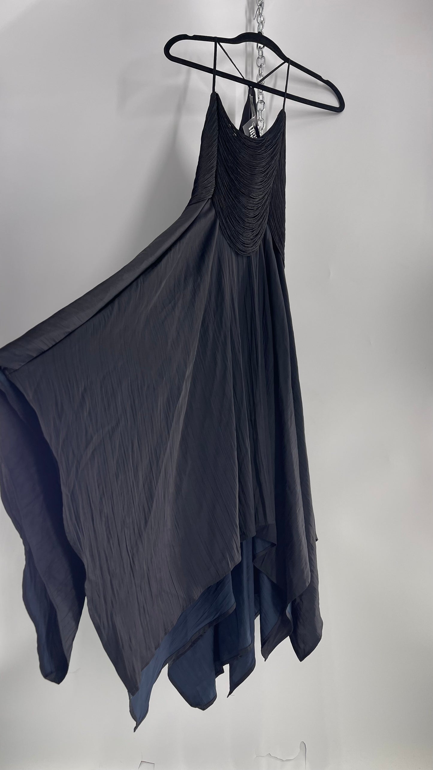 Anthropologie Black Handkerchief Hem Midi Dress with Heavy Draped Rope Bodice (4)