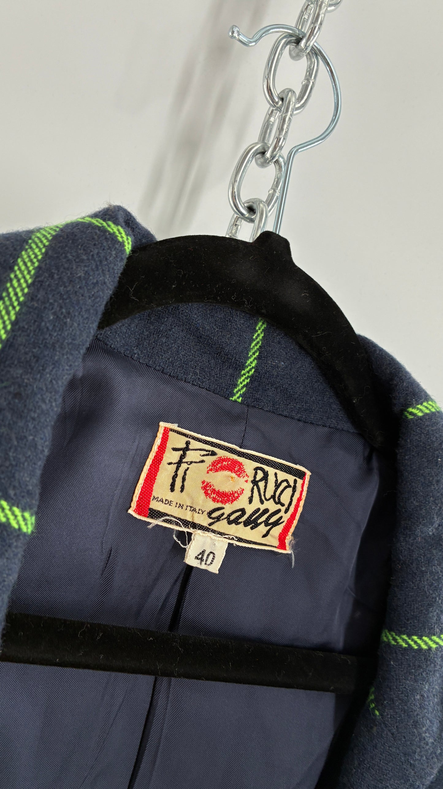 Vintage FIORUCCI GANG Navy and Neon Green Plaid Suit Set with Cropped Blazer and Mini Skirt (40,42)