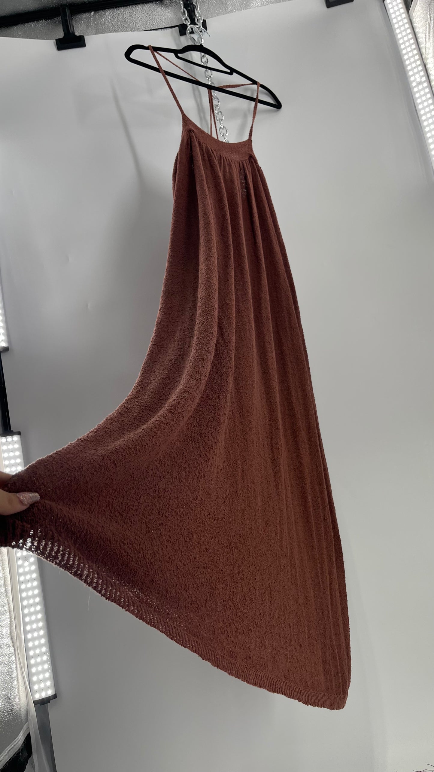 Free People Slinky Textured Brown Knit Full Length Dress (Small)