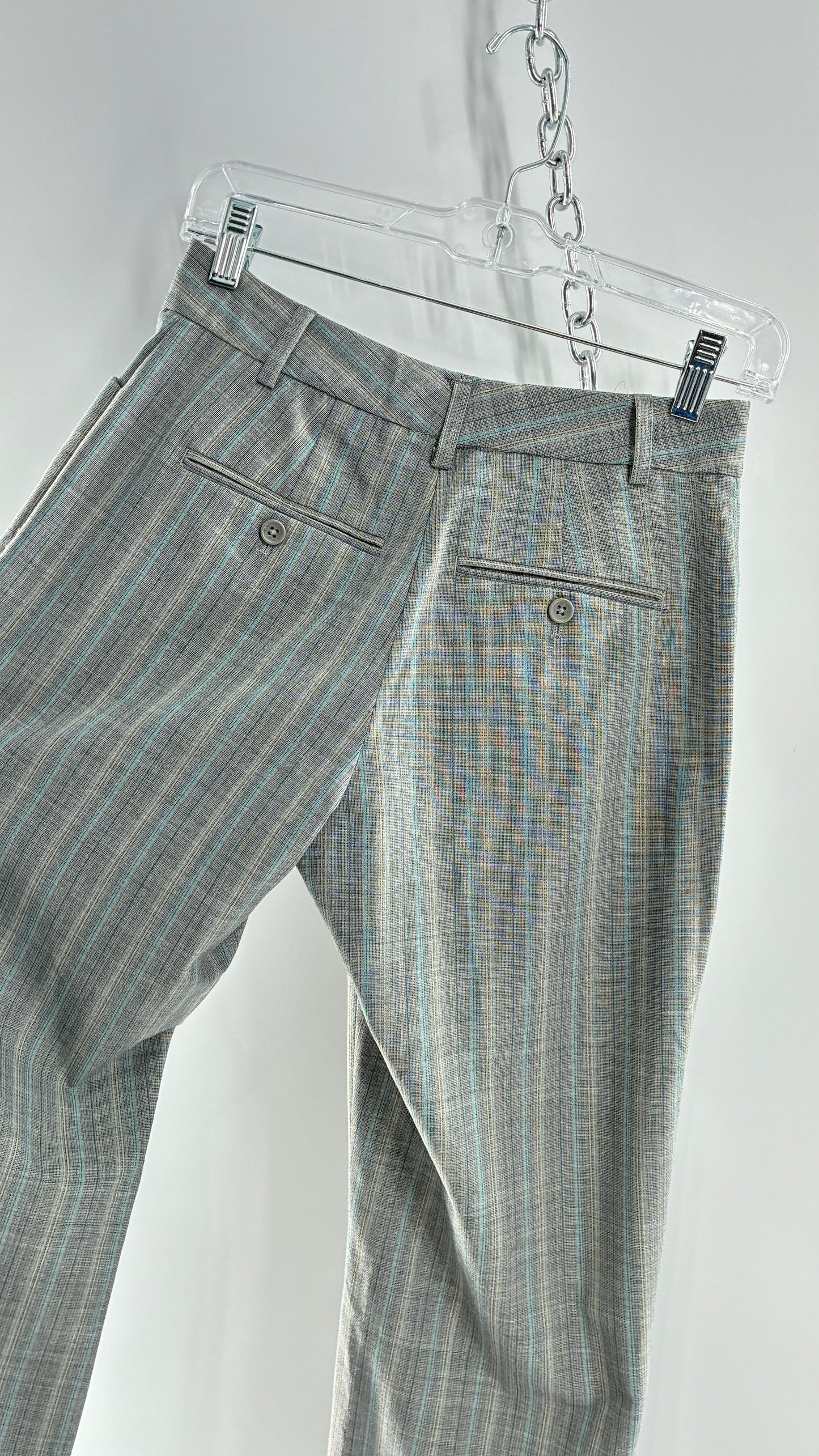 Vintage 1990s EXPRESS Editor Iconic Grey and Blue Low Rise Kickflare Pants (1)