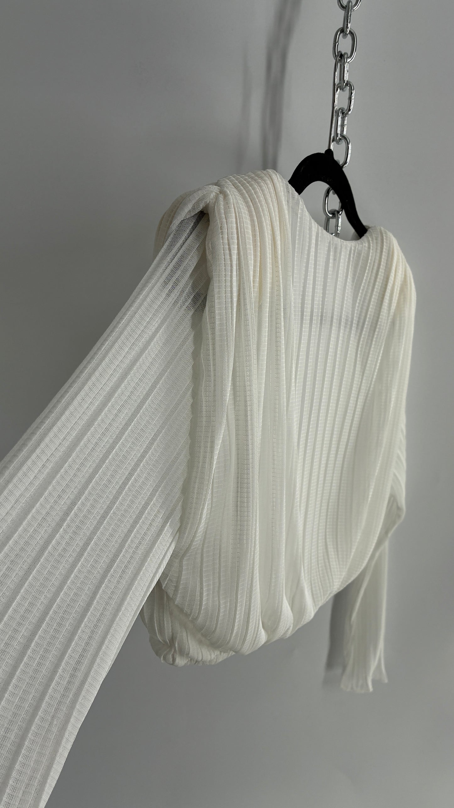 ZARA White Pleated and Draped Long Sleeve Blouse with Shoulder Pads (S)