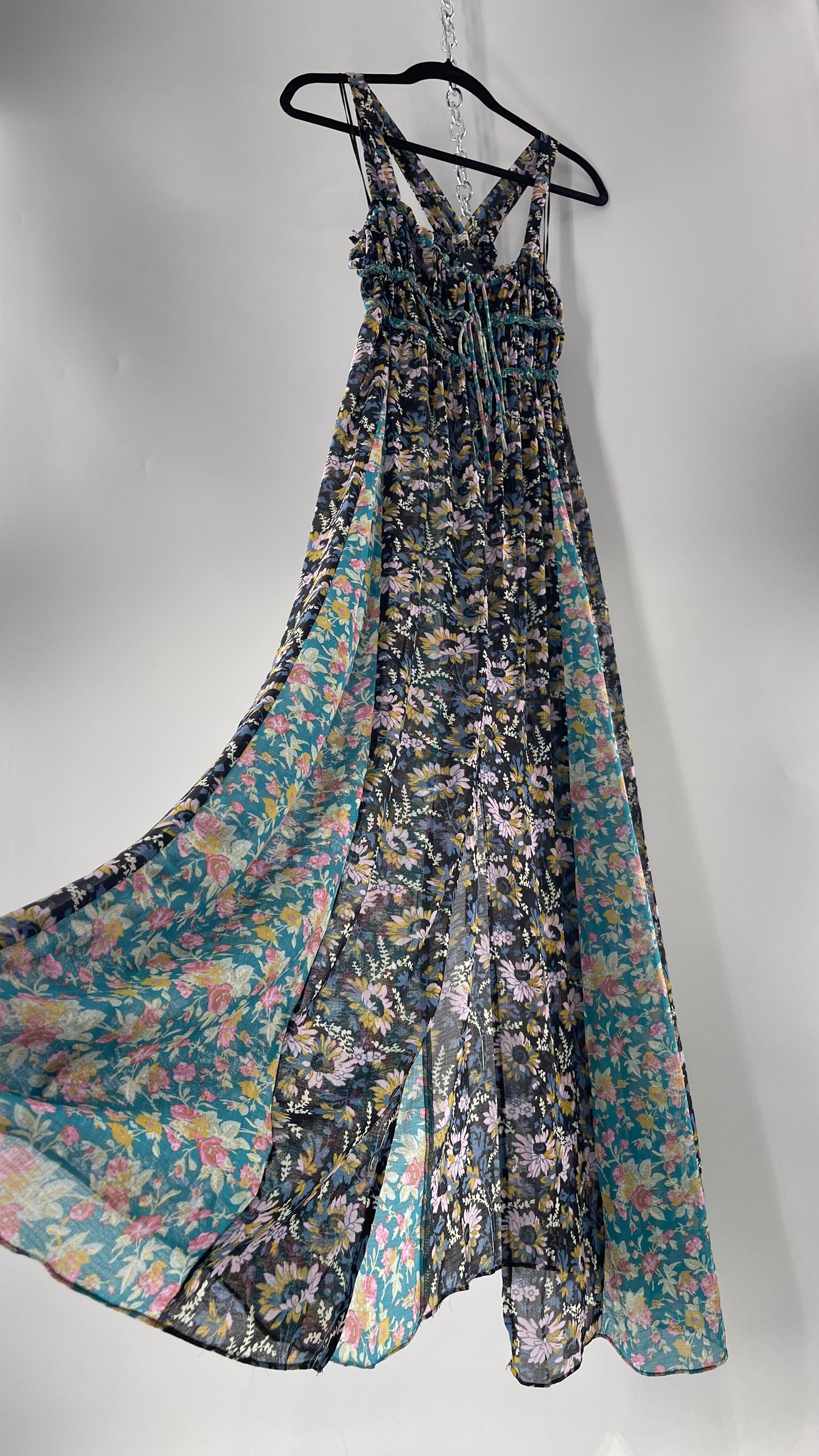 Intimately Free People Black and Teal Mixed Pattern Floral Maxi Dress with Tags Attached (XS)