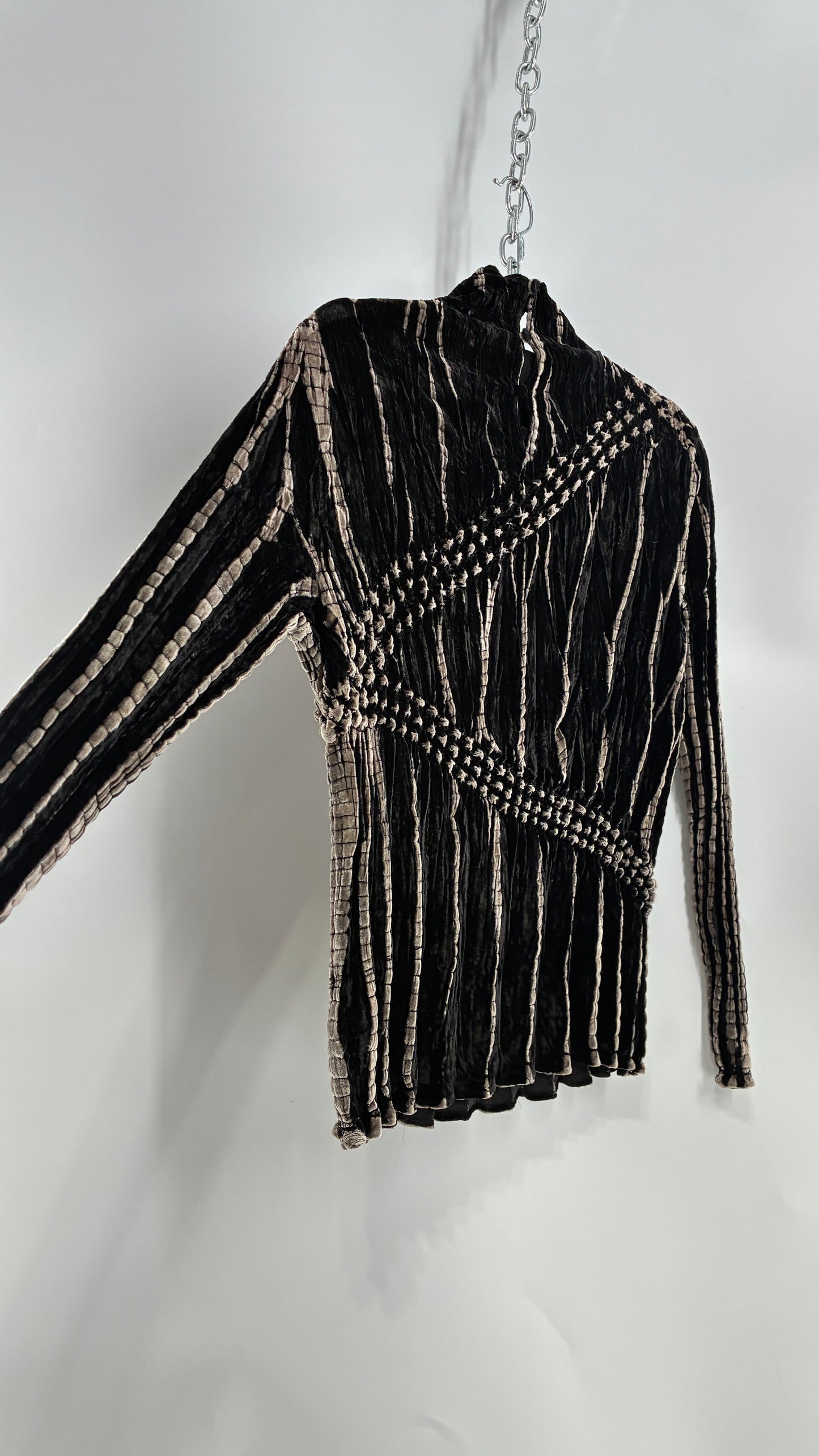 Vintage 1990s Crushed Velvet Black and Beige High Neck Blouse (Small)