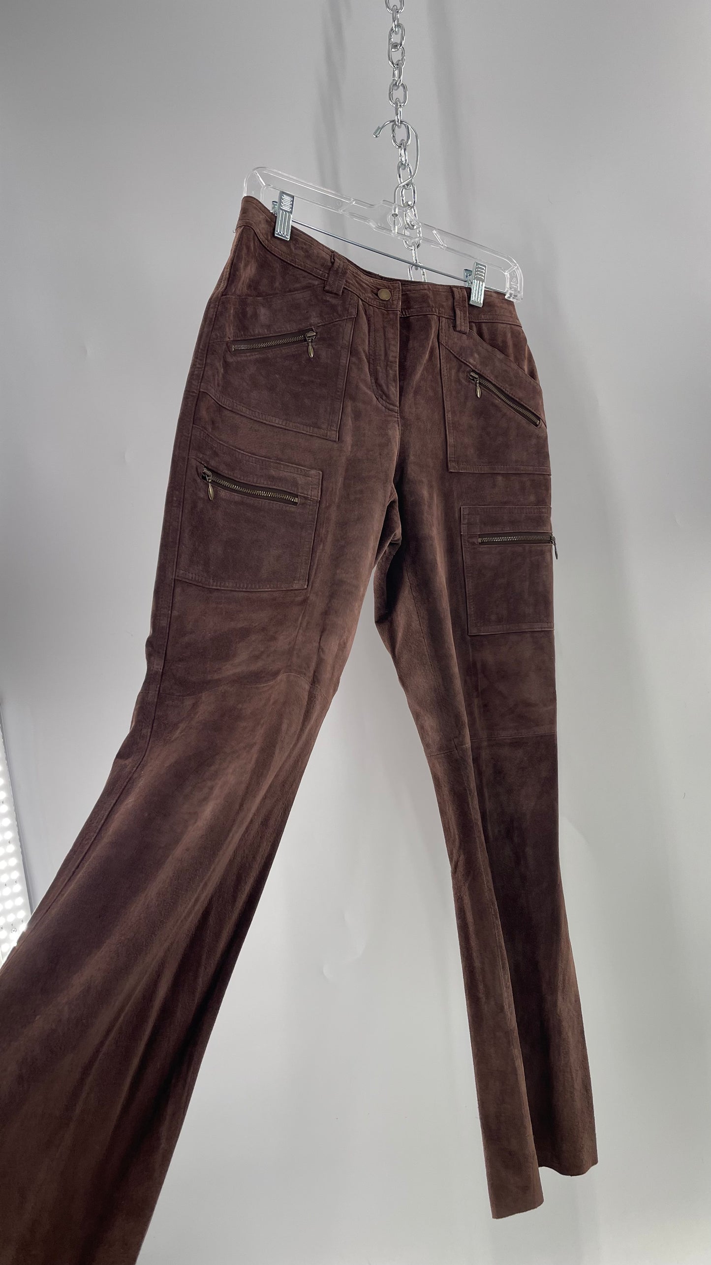 Vintage Context Petit Brown Suede Straight Leg Cargos with Pockets and Bronze Zippers (8P)