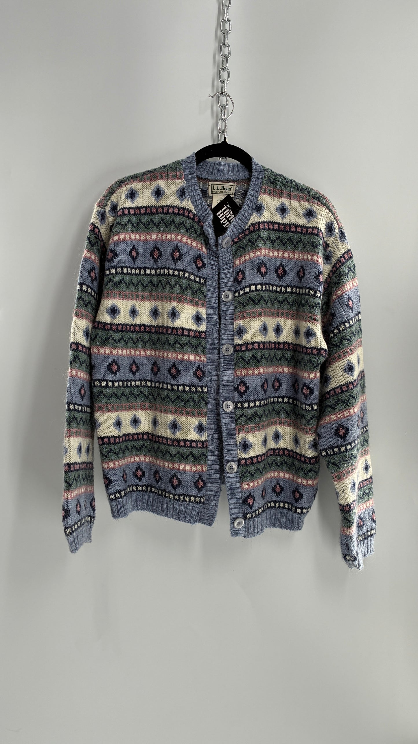 Vintage LL Bean 25% Mohair Striped Knit Blue Green Pink Cardigan (XL)