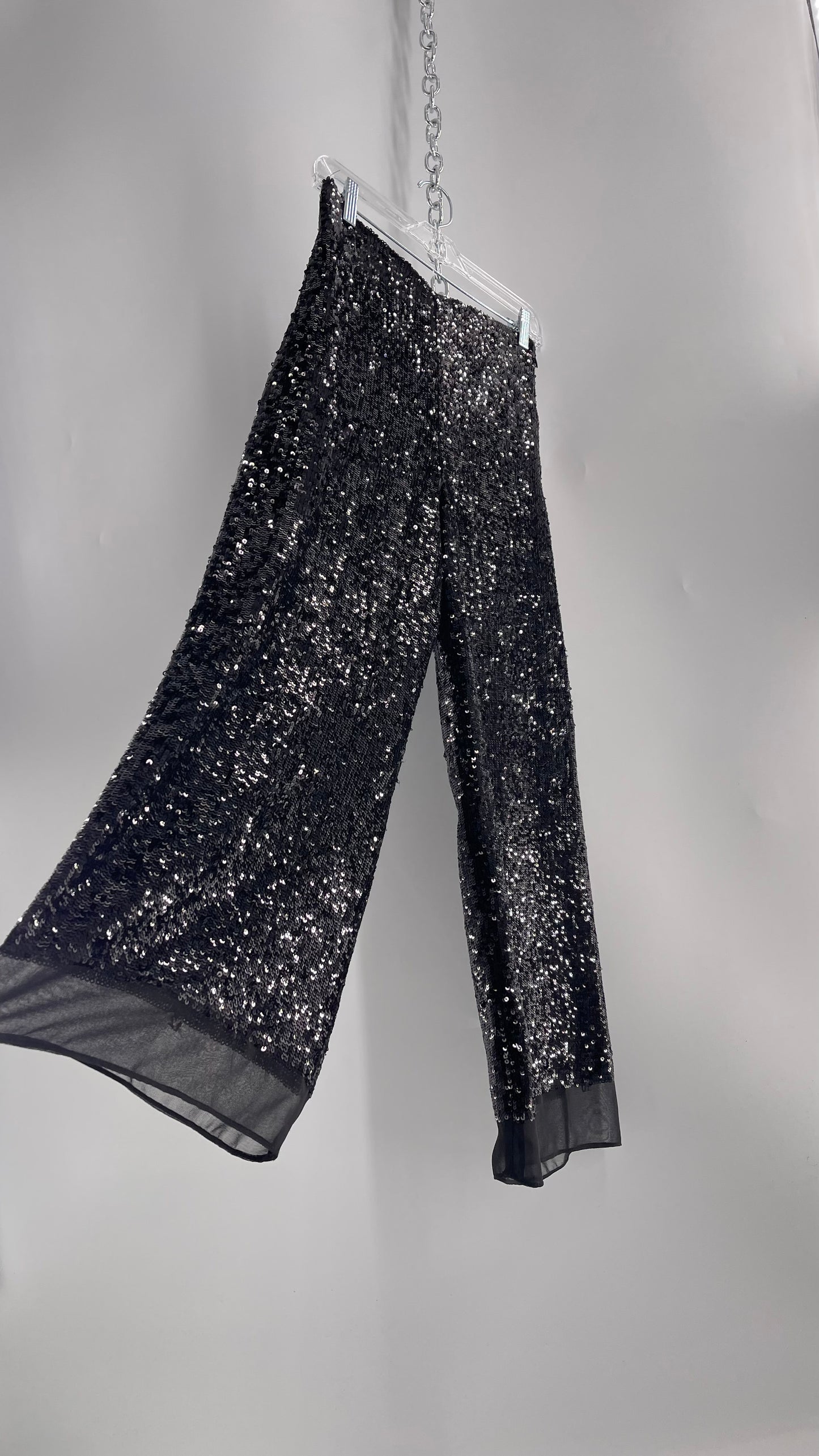ZARA STUDIO Black Sequin Pijama Trouser with Chiffon Hem and Ribbon Lined Waist (Medium)