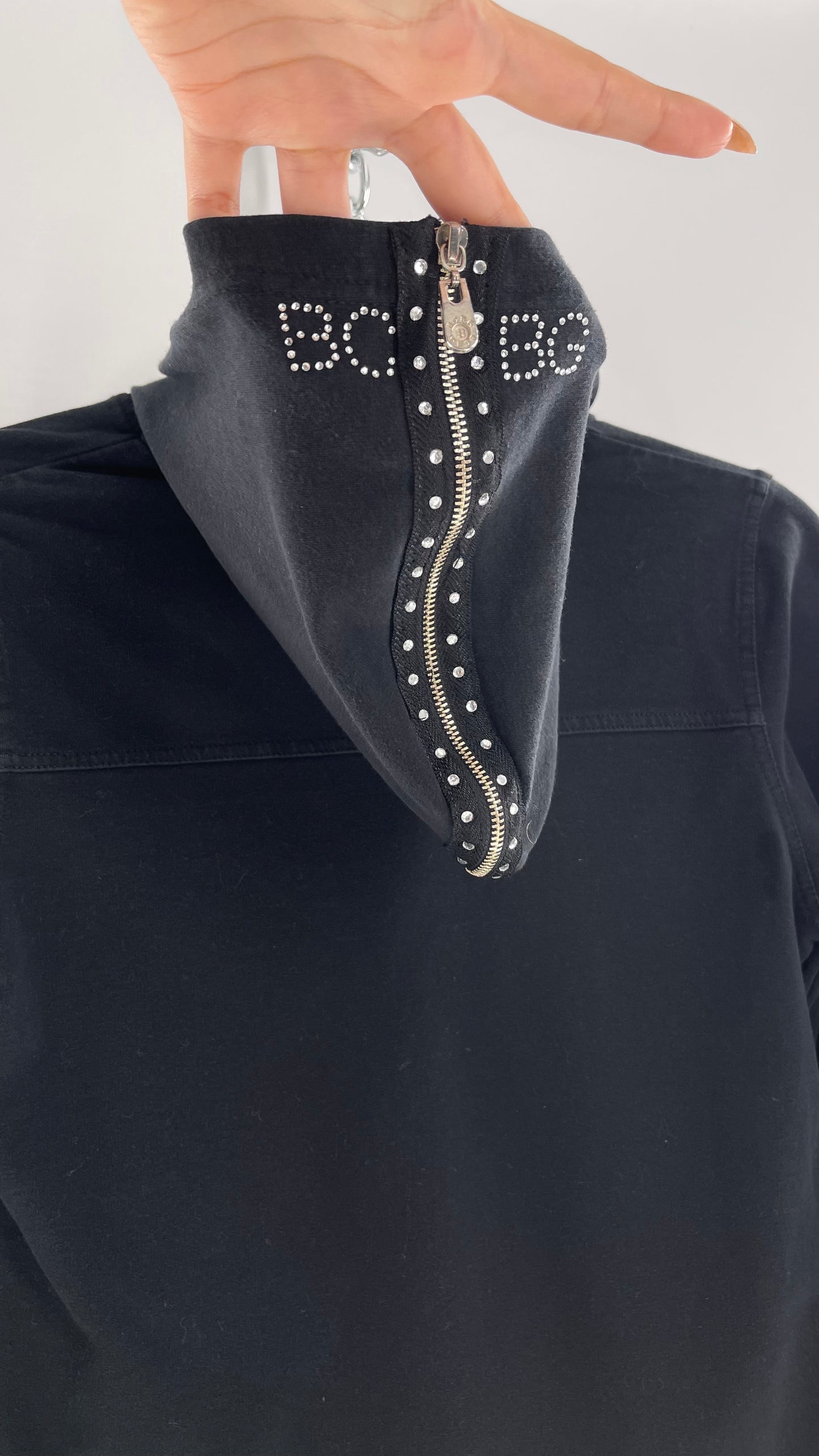 Vintage BCBG Rhinestone Logo Hoodie with Zip Up Studded Hood (Medium)