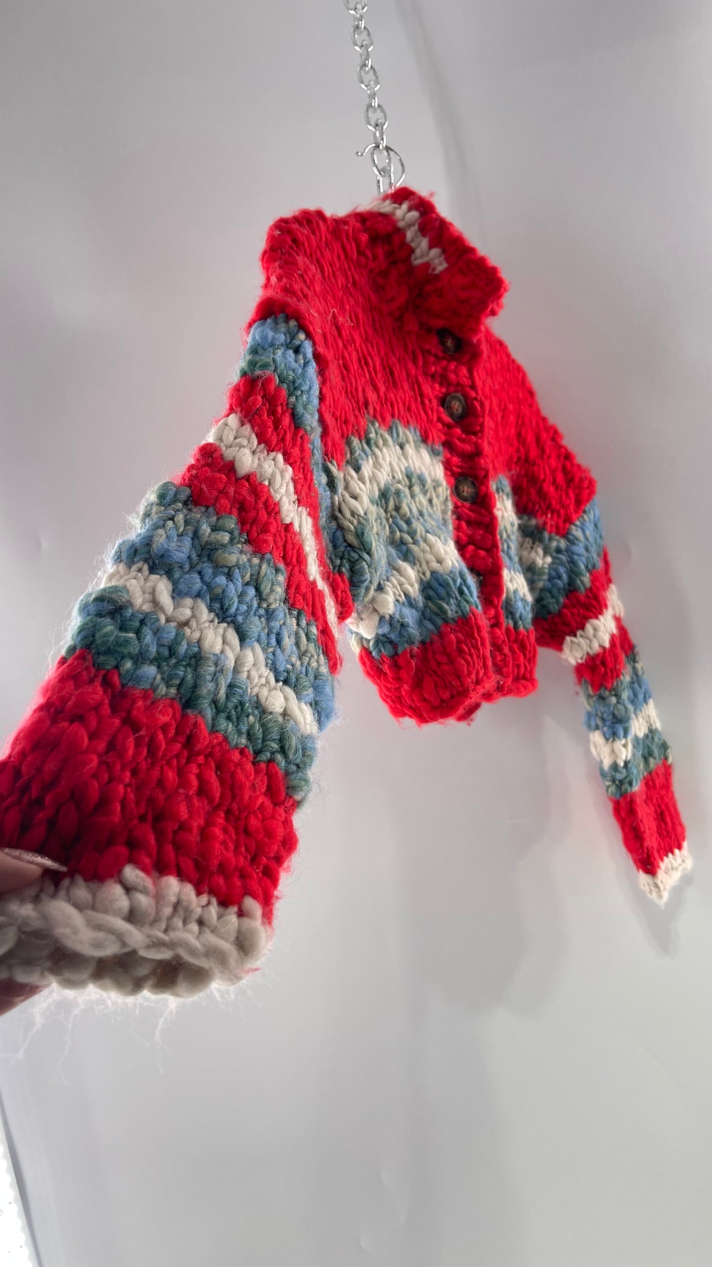 BDG Urban Outfitters Thick Knit Red White Blue Chunky Cropped Striped Cardigan (XS)