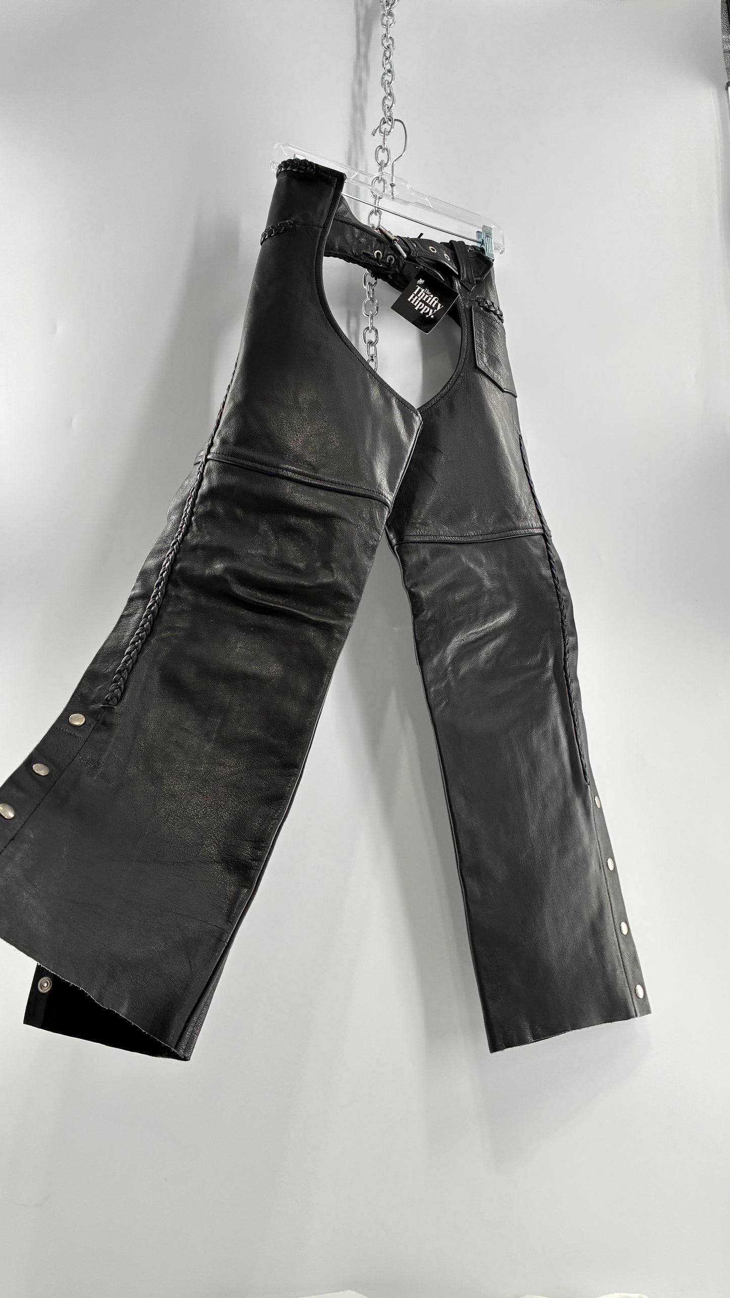 Vintage AMERICAN LEATHER Black Motorcycle Chaps/Pants with Mini Pocket, and Side Zipper Detailing (XS)