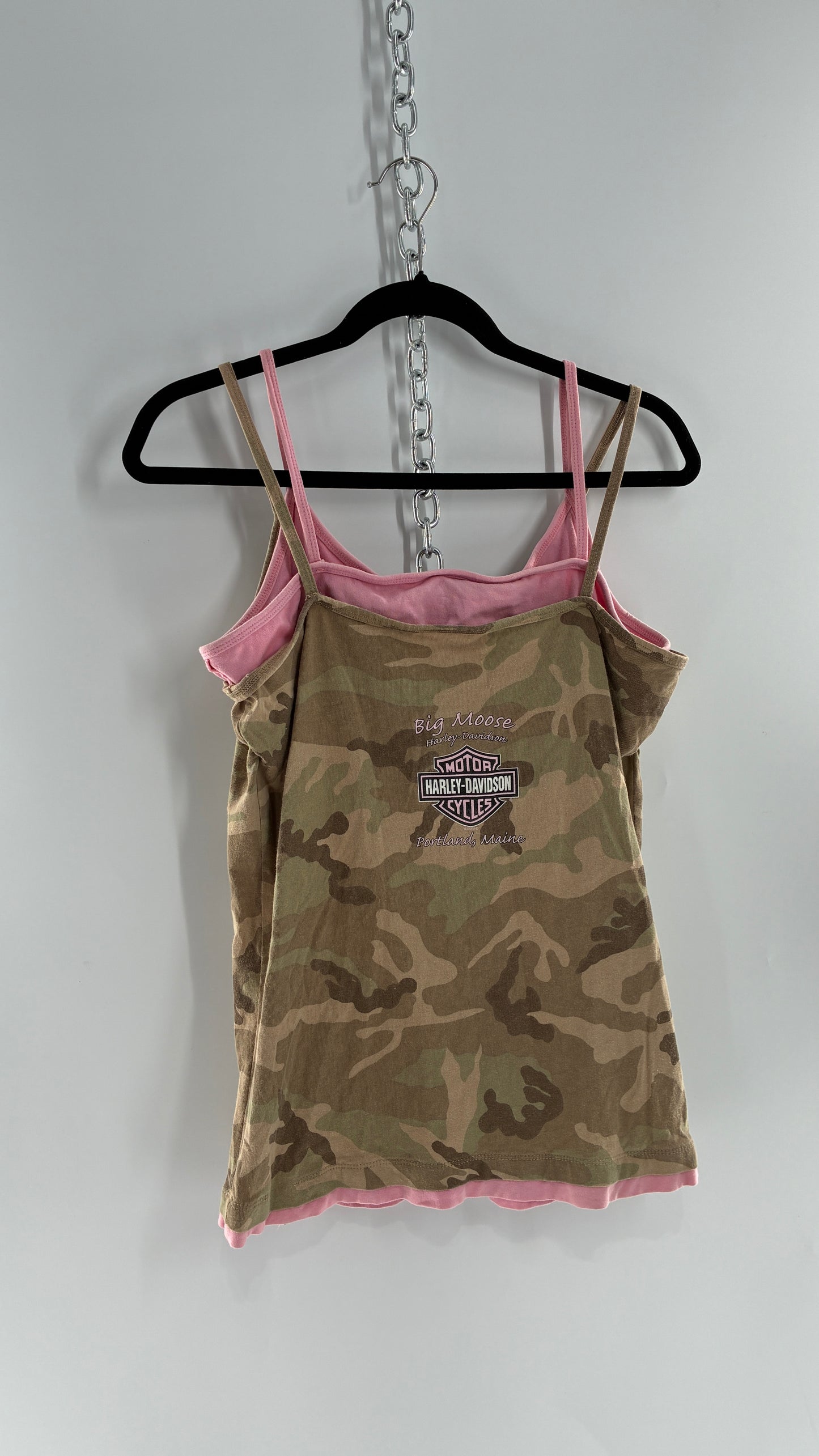 Vintage Harley Davidson Camo Tank with Built in Pink Sports Bra (Large)