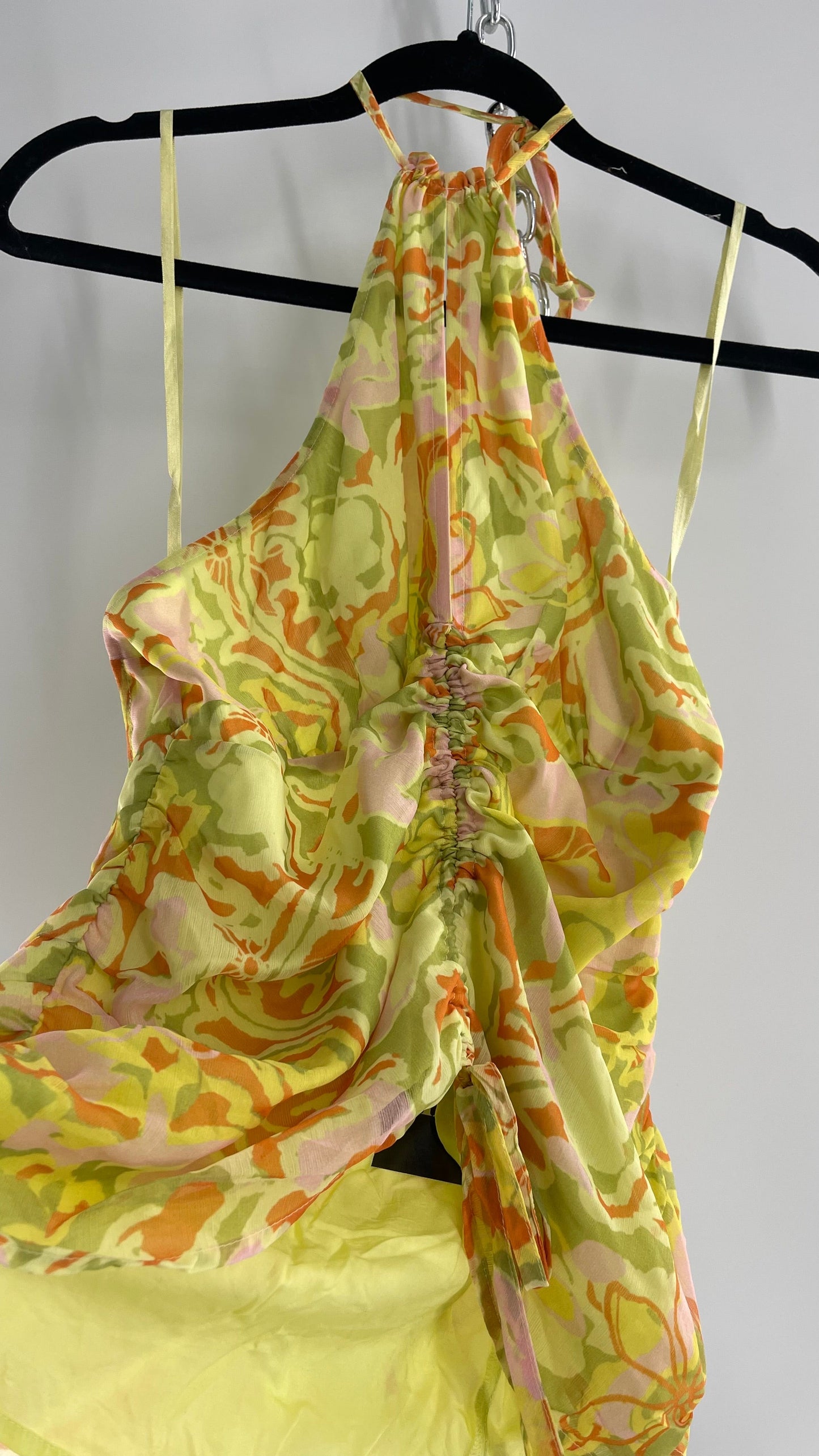 Free People Lime Green and Yellow Ruched Blouse with Cut Out Bust, Adjustable Scrunched Torso and Tie Neck Tank (XS)