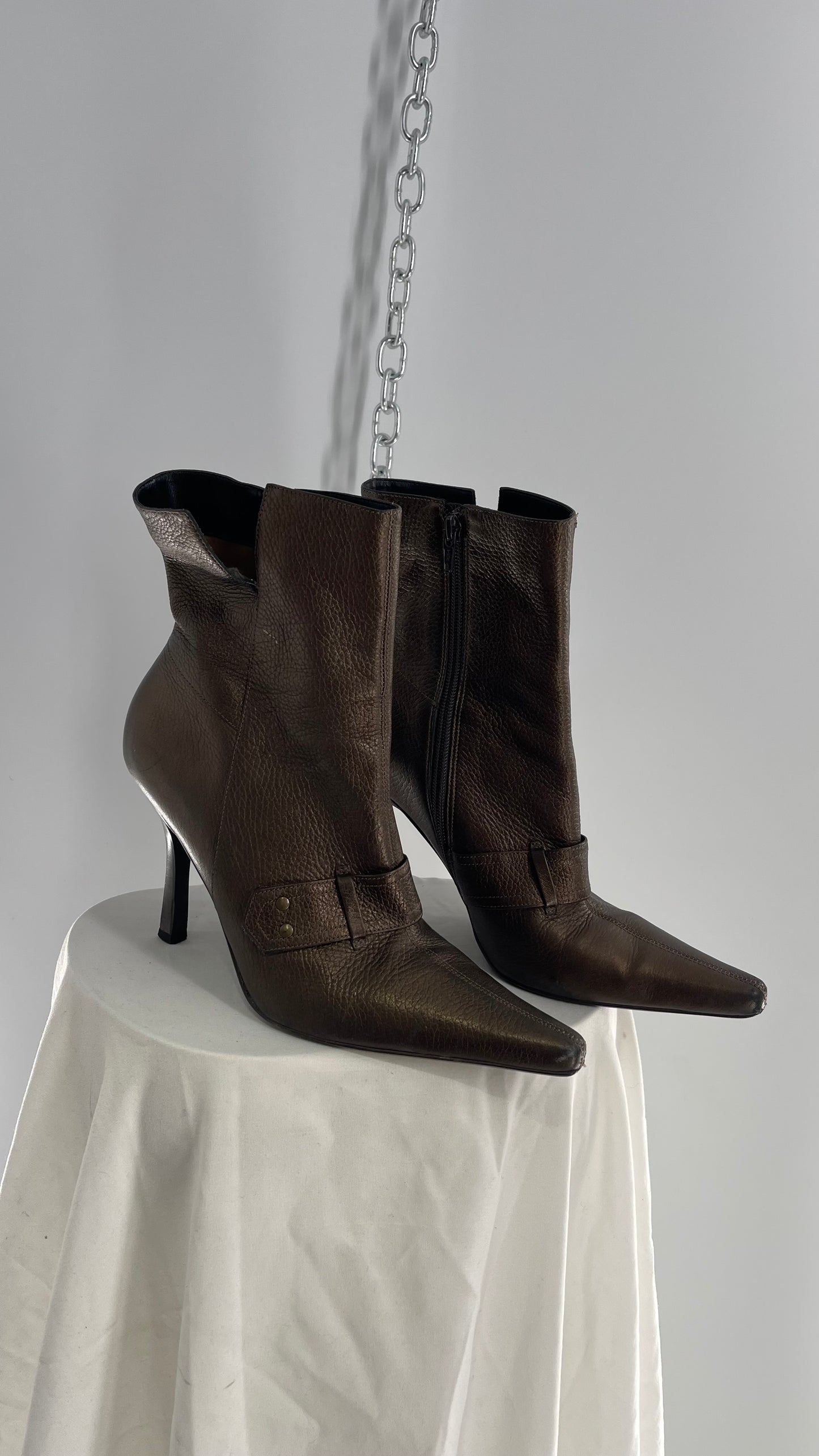 Vintage GIANNI Metallic Bronze Pointed Toe Buckle Strap Boots Made in Brazil (38)