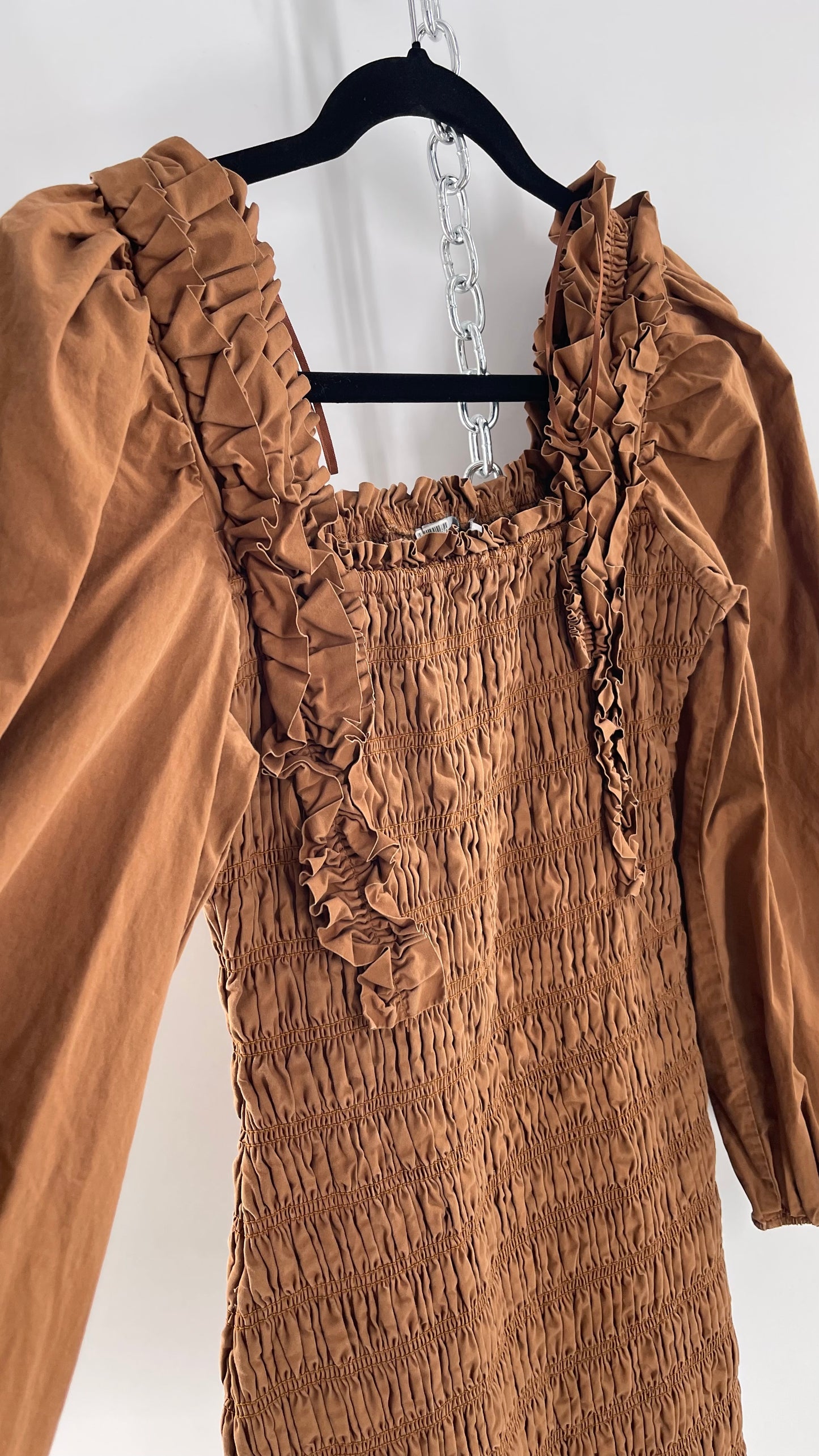Endless Rose Anthropologie Brown Smocked Ruffle Front Puff Sleeve Mini Dress (Medium)