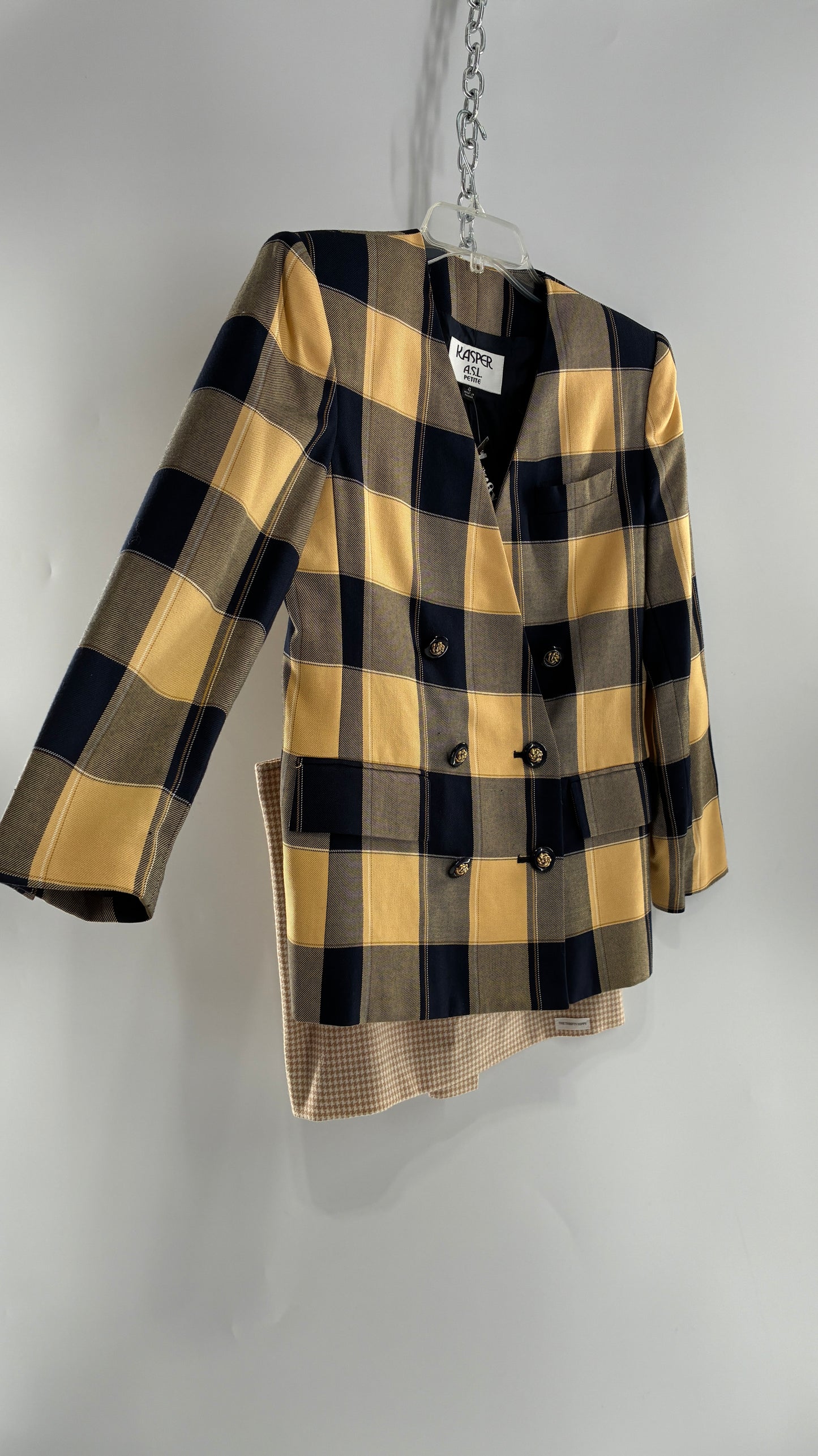 Vintage Suit Set with Yellow Plaid Double Breasted KASPER A.S.L Blazer and Upcycled Wool Mini Skirt (6)