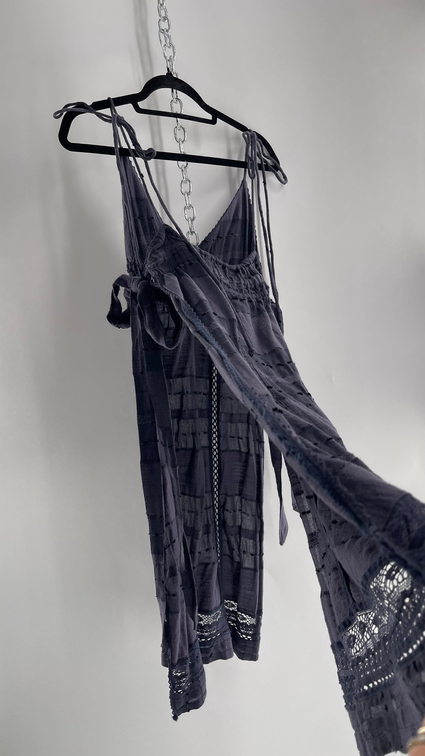 Free People Navy Blue Cotton Lace and Embroidered Open Tie Side Dress (M)