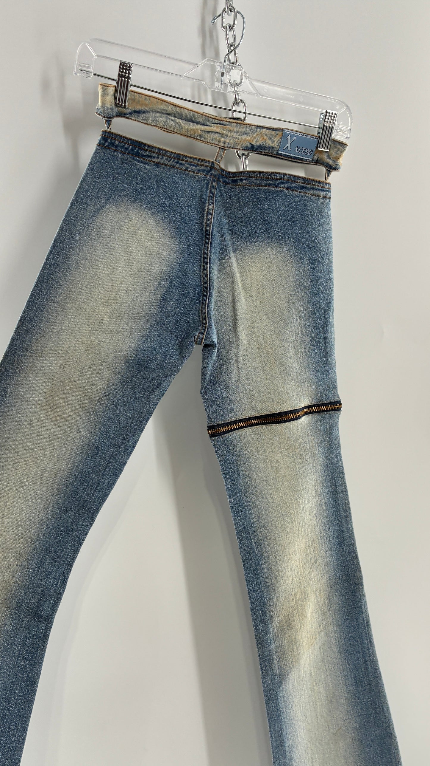 Vintage XCESO JEANS Rare Faded Double Waistband Kickflare Jeans with Functional Zipper Details (Medium*)