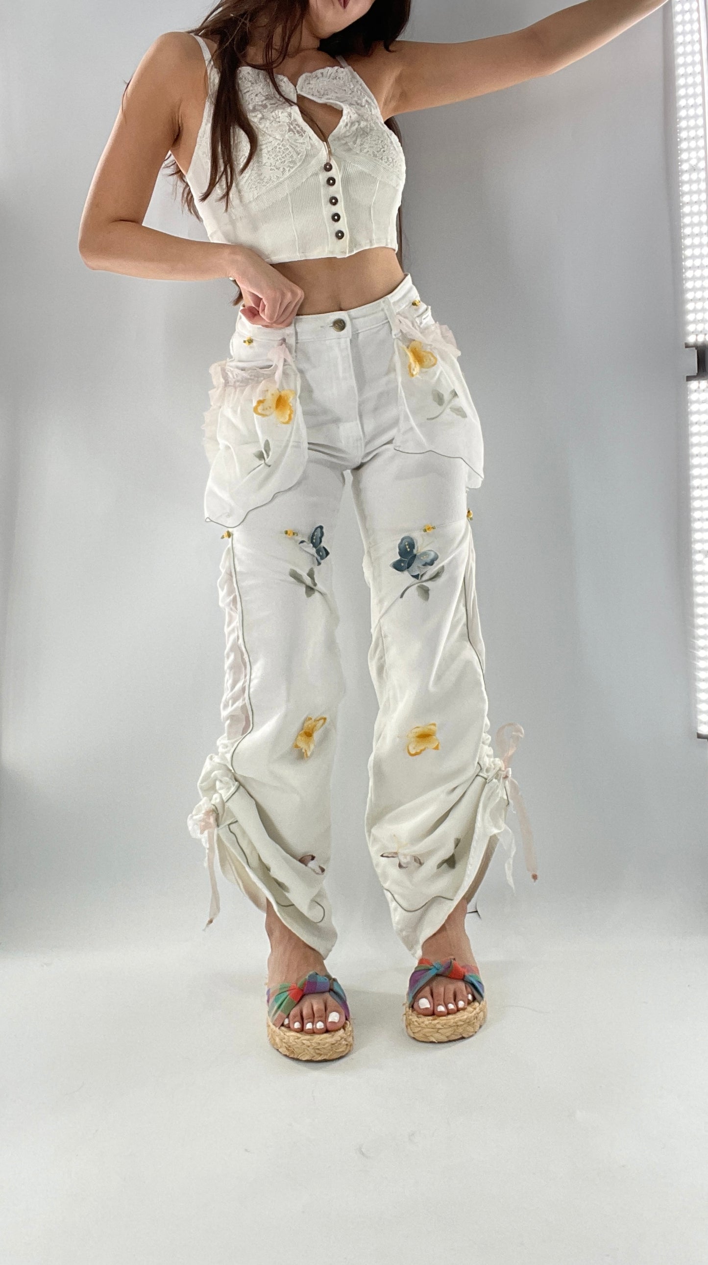 Remade Upcycled Lee White Jeans with Drawstring Adjustable Length, Lace Trim Pockets, Embroidery and Appliqué Details (27)