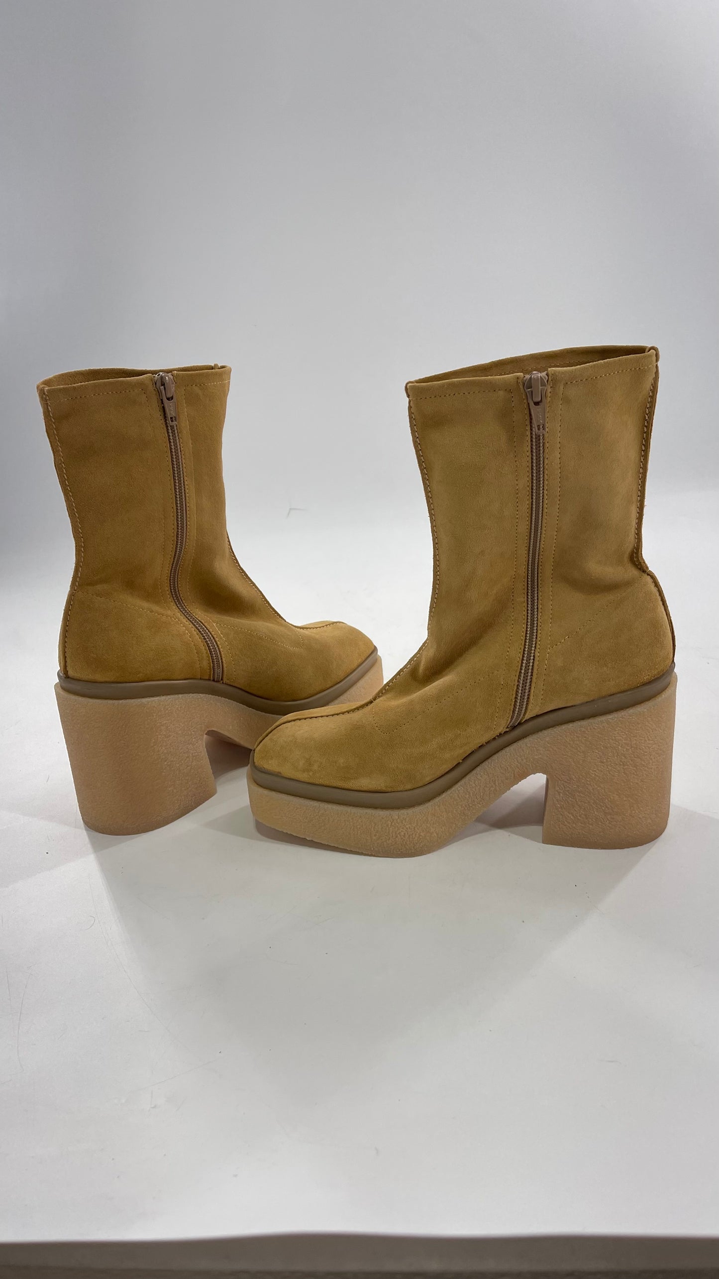 Free People Gigi Tan Suede Ankle Boots with Platform and Chunky Rubber Heel (38.5)