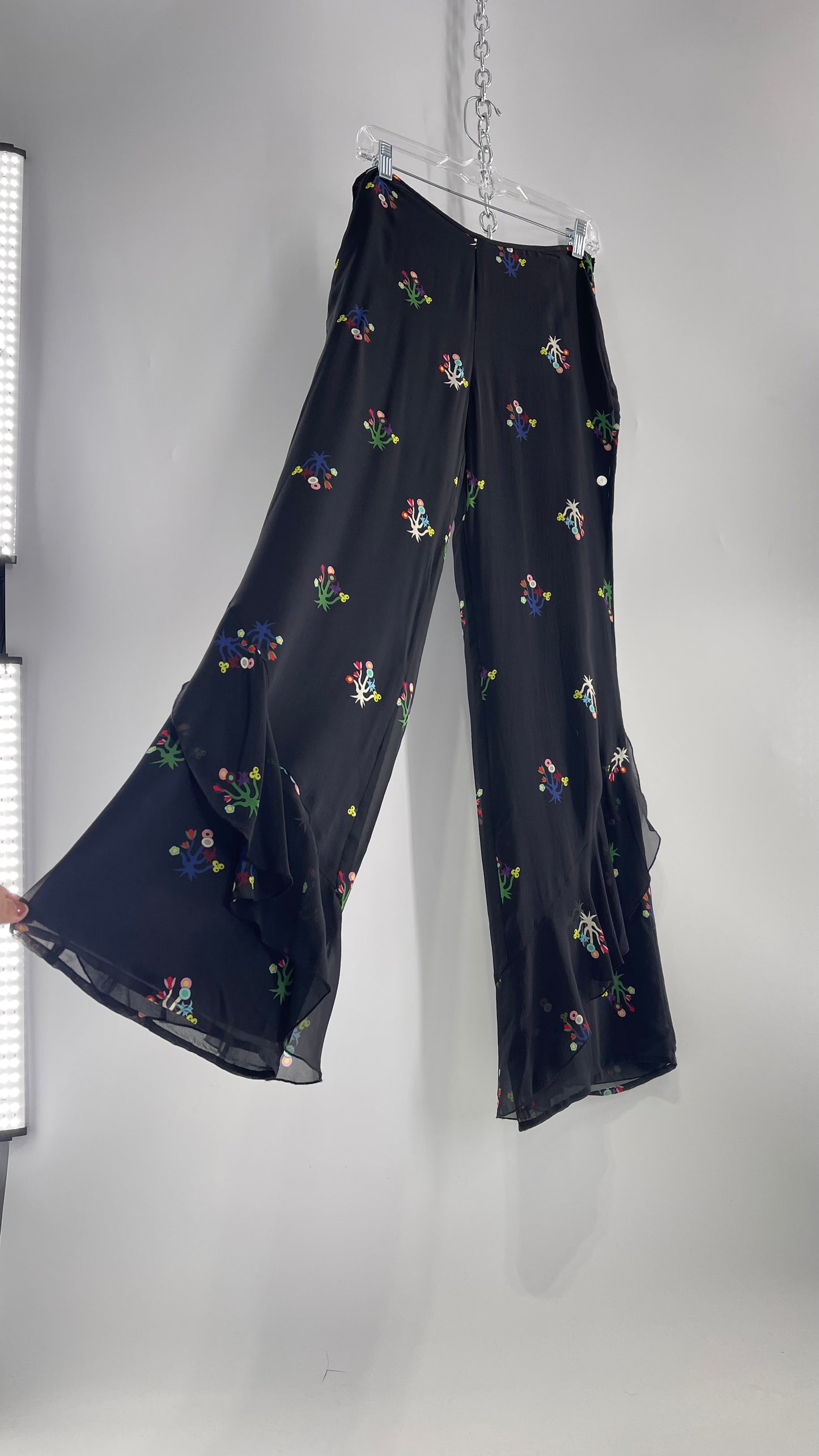 Cynthia Rowley Black Flared Pants with Colorful Abstract Florals, Dual Lining and Ruffle Trim (4)