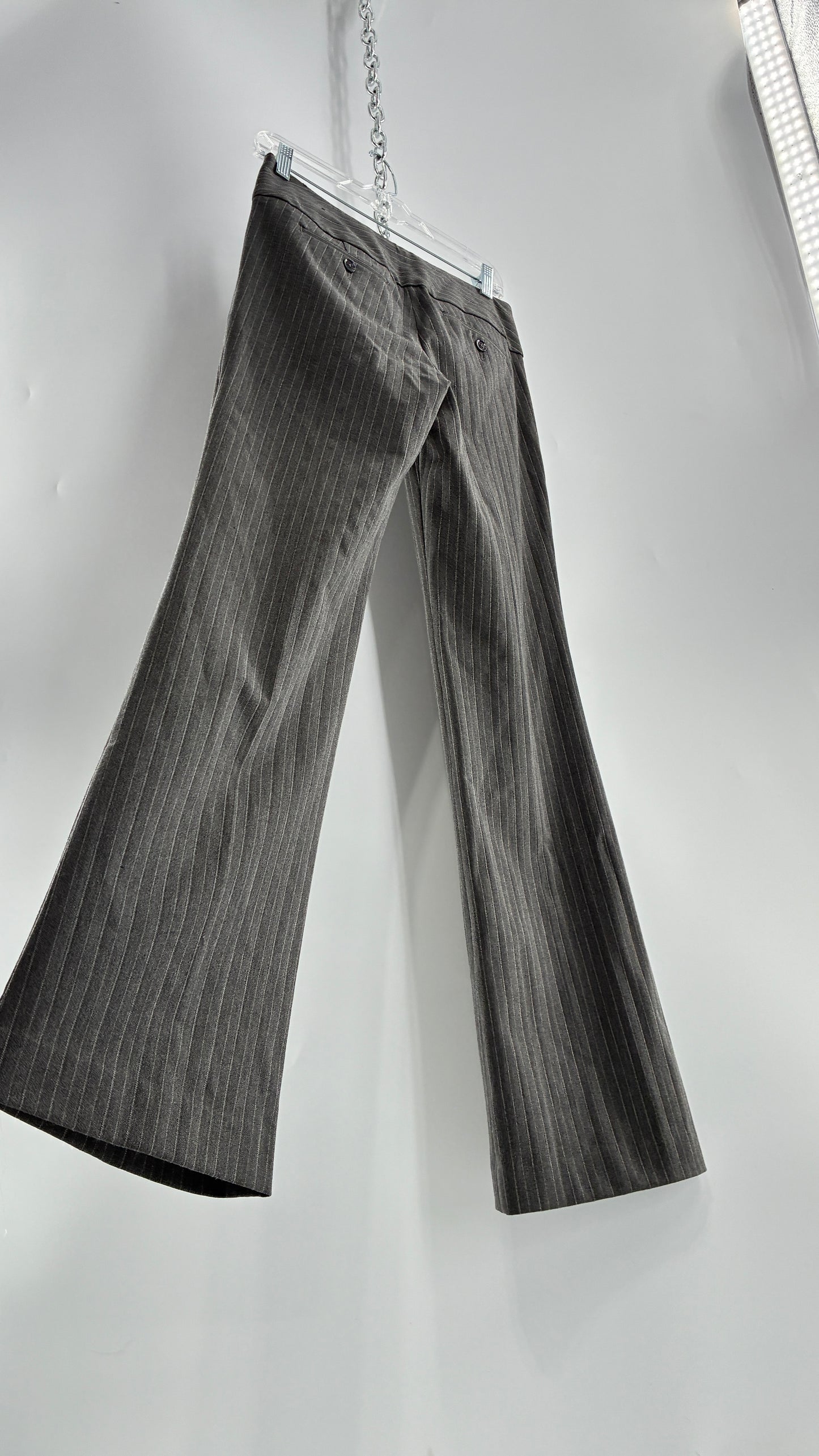 Vintage 1990s EXPRESS Editor Dark Grey Pinstripe Ultra Low Rise Thick Hip Band Kick Flares (2)